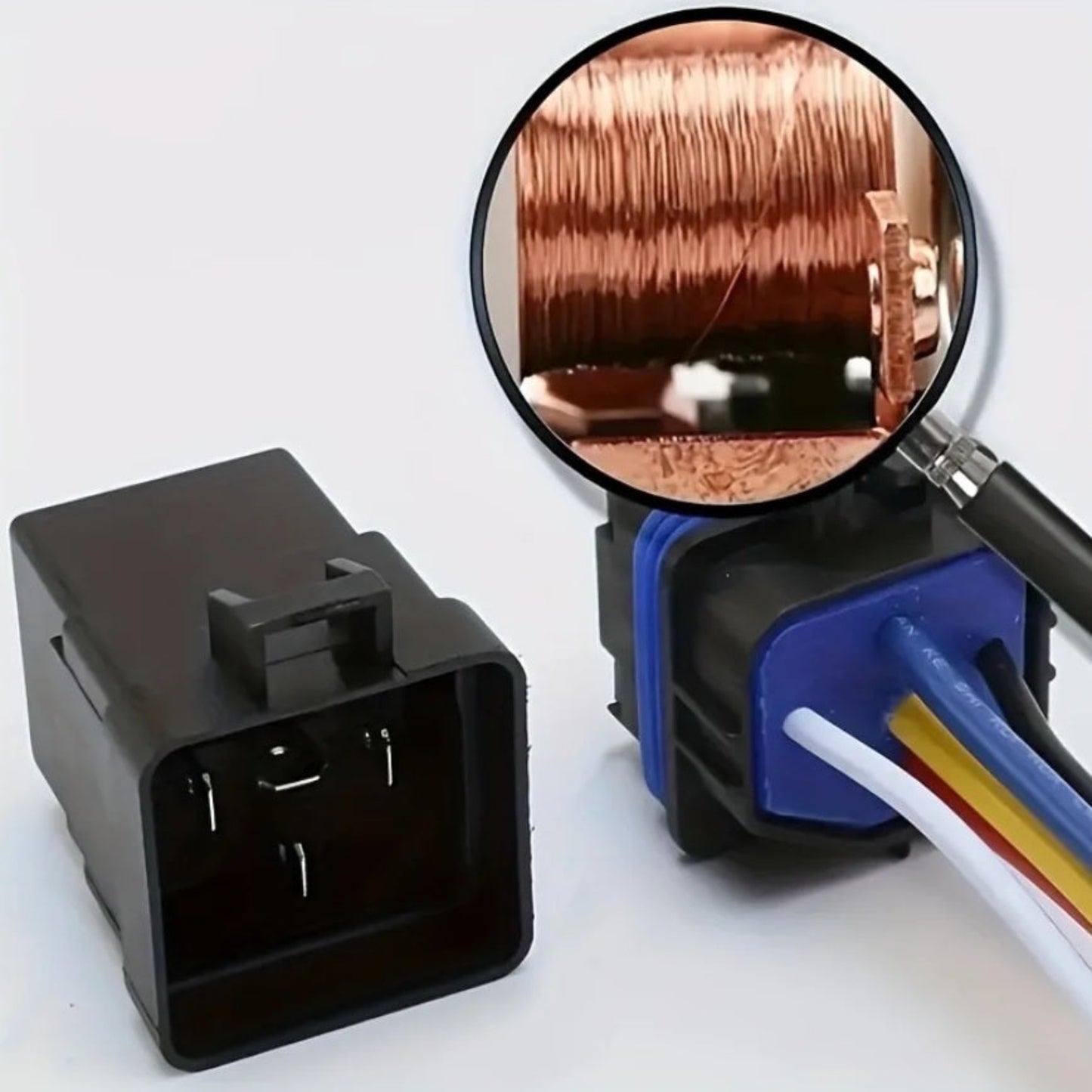 Close-up view showing the high-quality internal copper coil of an 80A automotive relay.