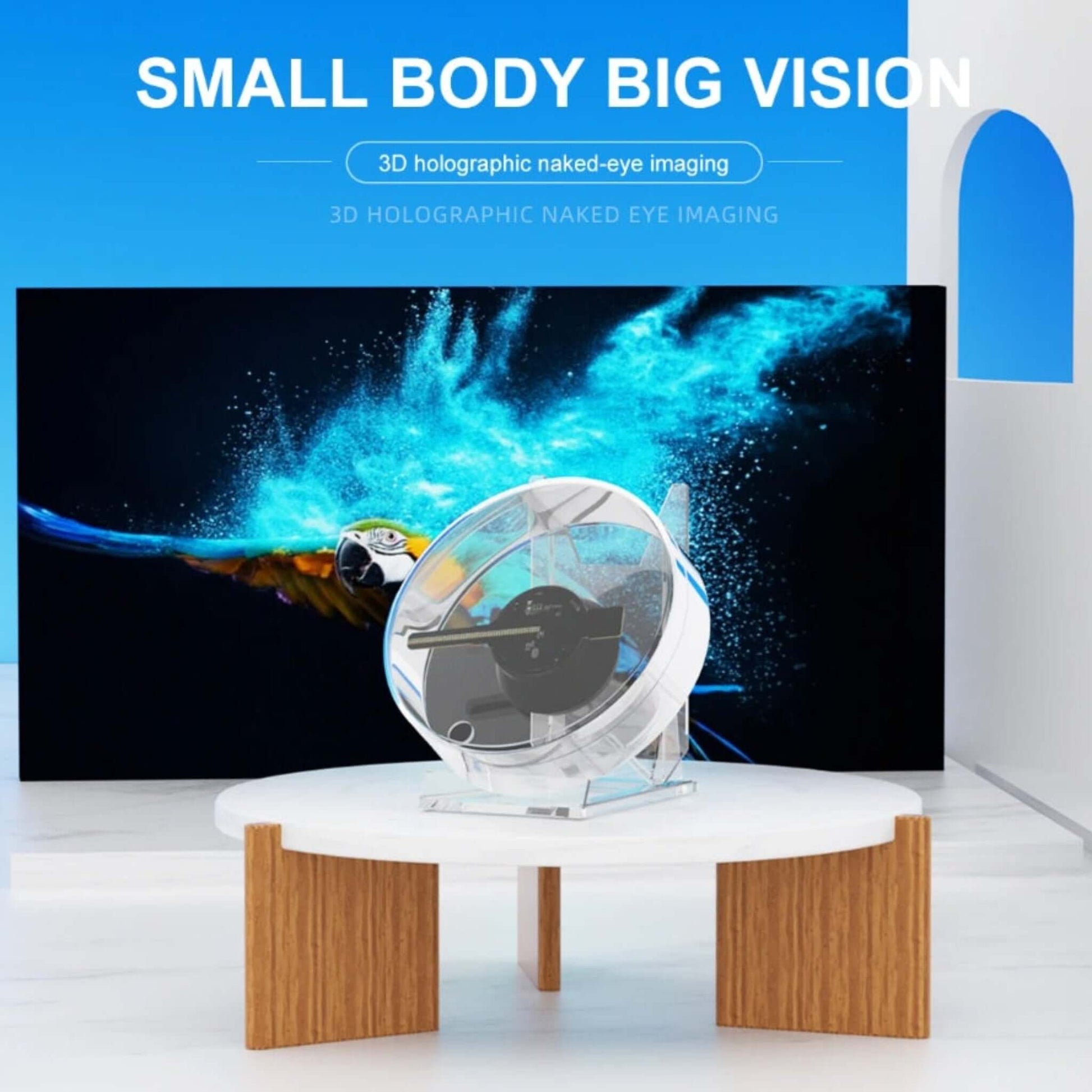 Compact 3D hologram fan providing "naked-eye" holographic imaging, showcasing a vibrant parrot against a dark screen.
