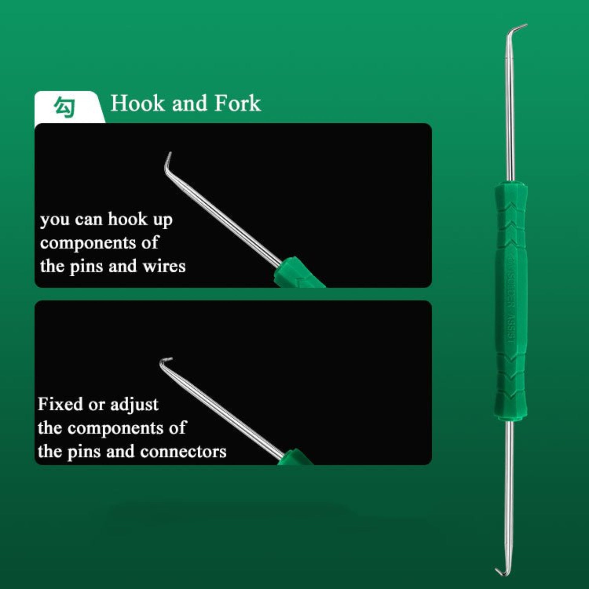 Hook and fork tool for soldering; essential for fixing pins and connectors in electronic repairs.