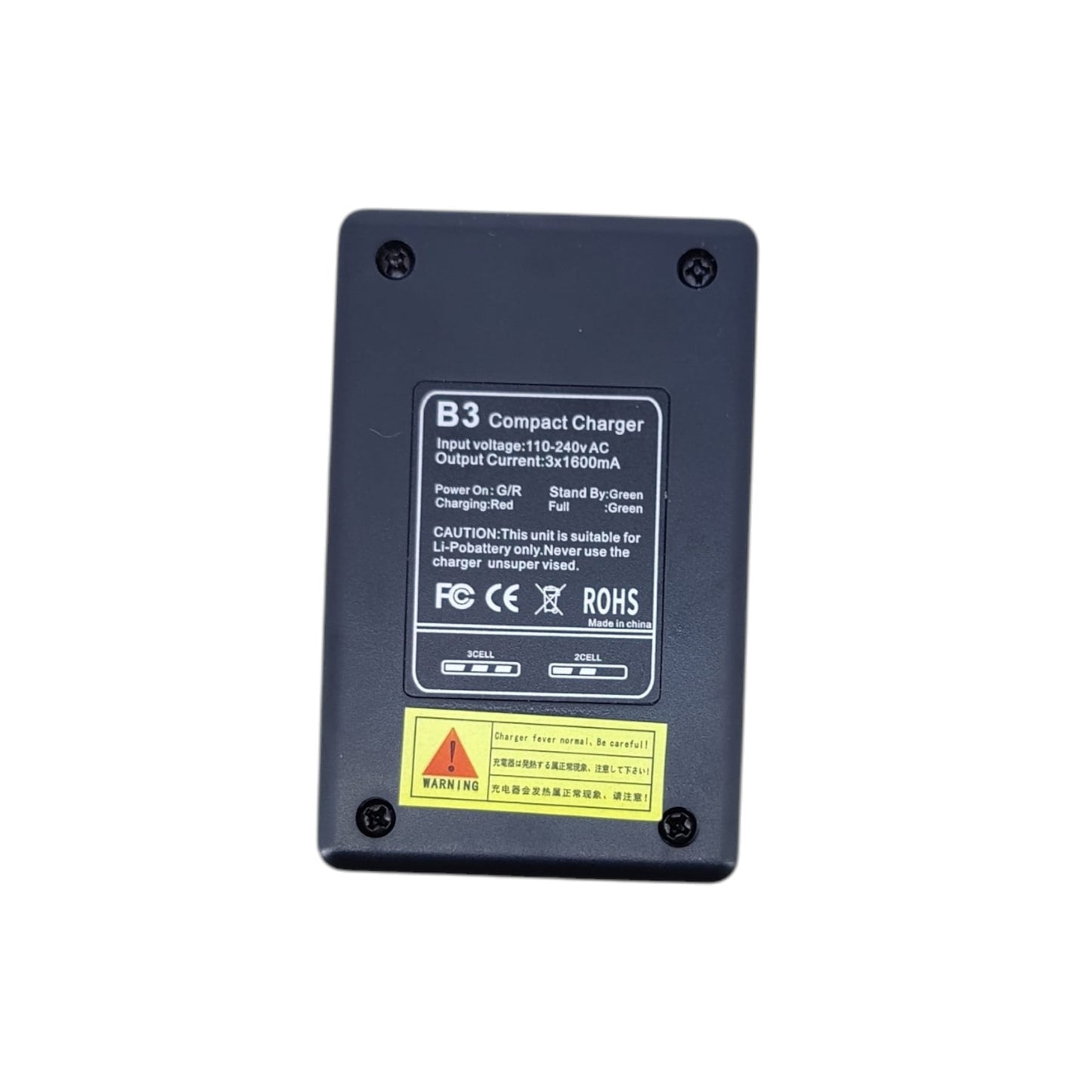 Back panel of the B3 20W charger showing 100-240V input and 1600mA output technical specifications.