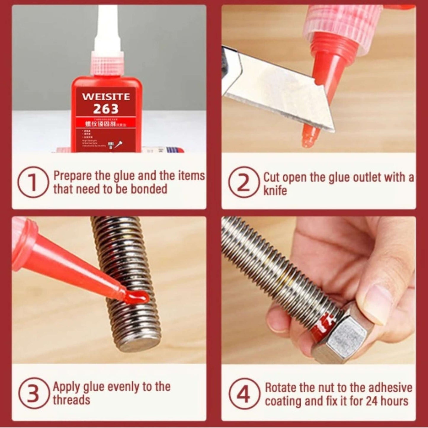 Step-by-step guide showing how to apply WEISITE 243 screw glue.