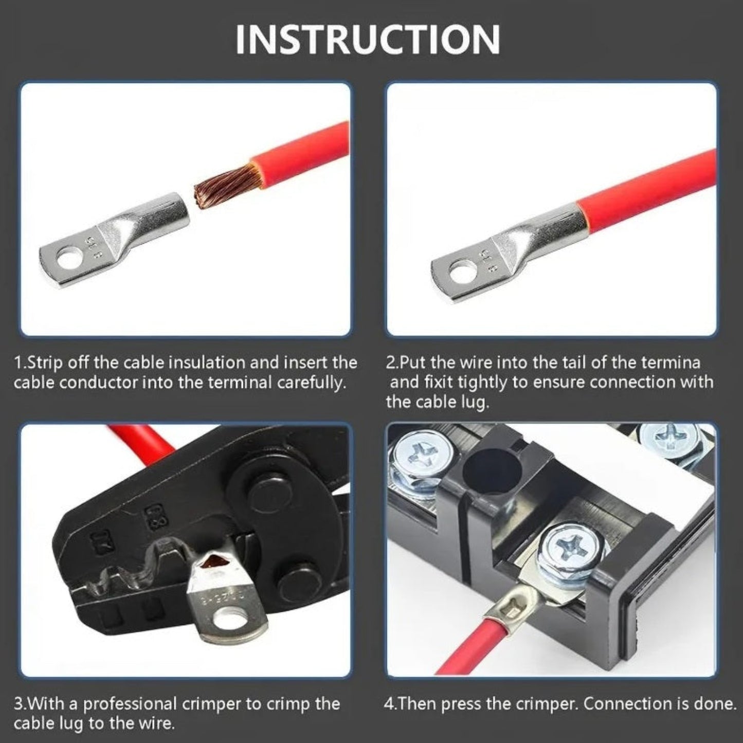 Step by step guide on how to strip, insert, and crimp copper cable lugs onto wires.