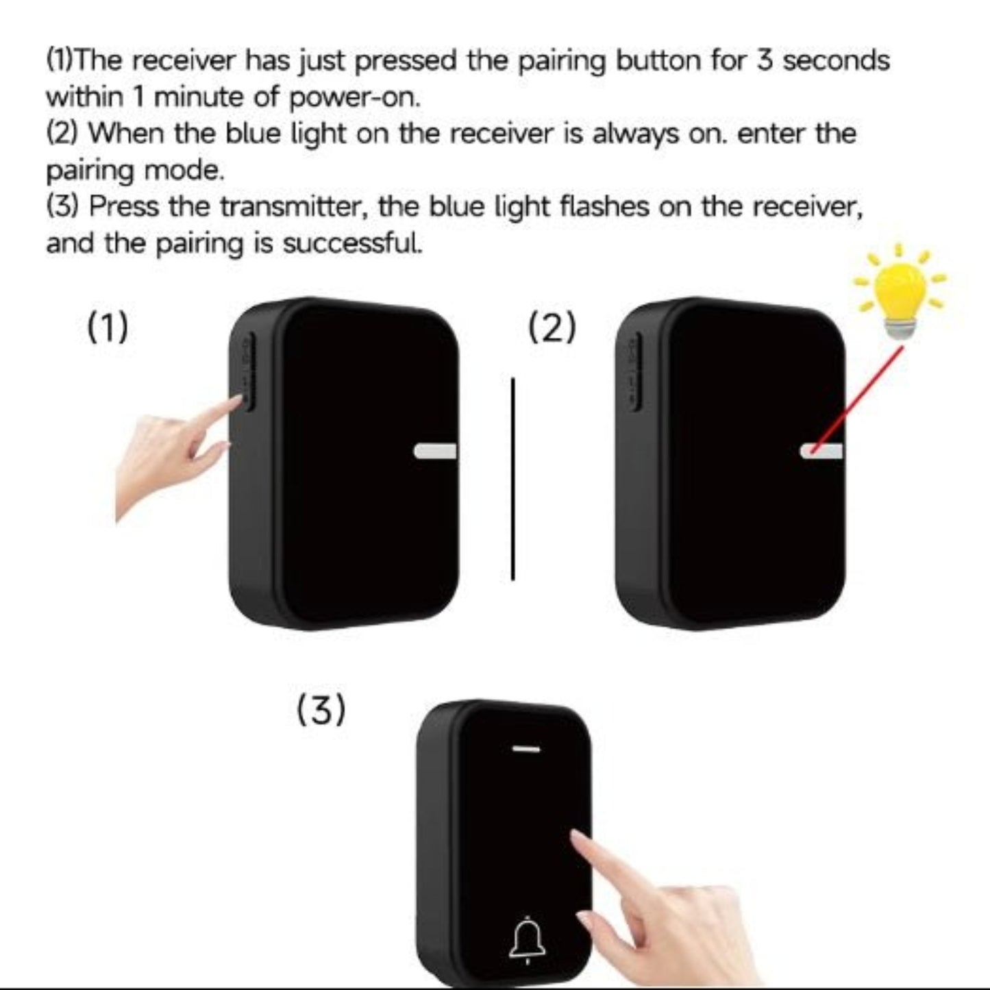 Instructions for pairing signals for a wireless doorbell with visual steps and button functions.