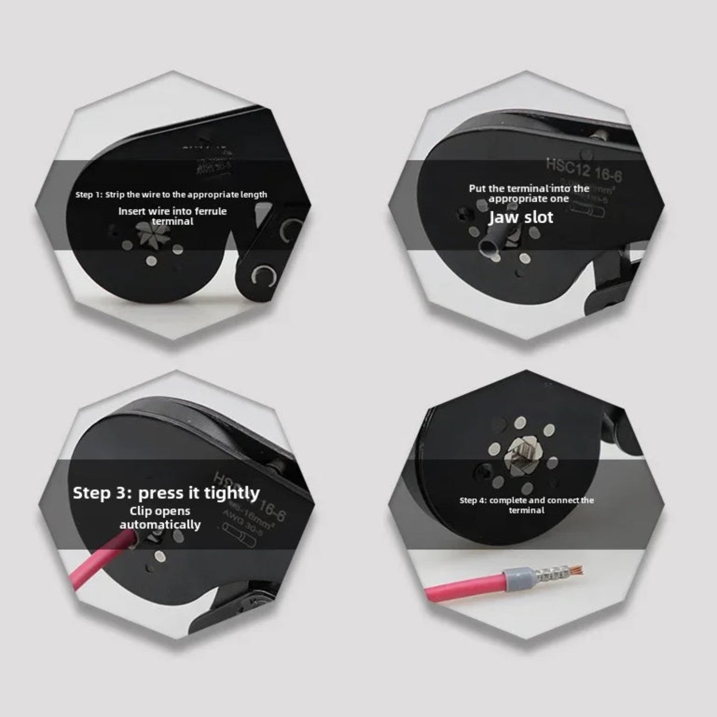 Four-step instructional guide on how to use the hexagonal crimping tool to connect a wire ferrule.