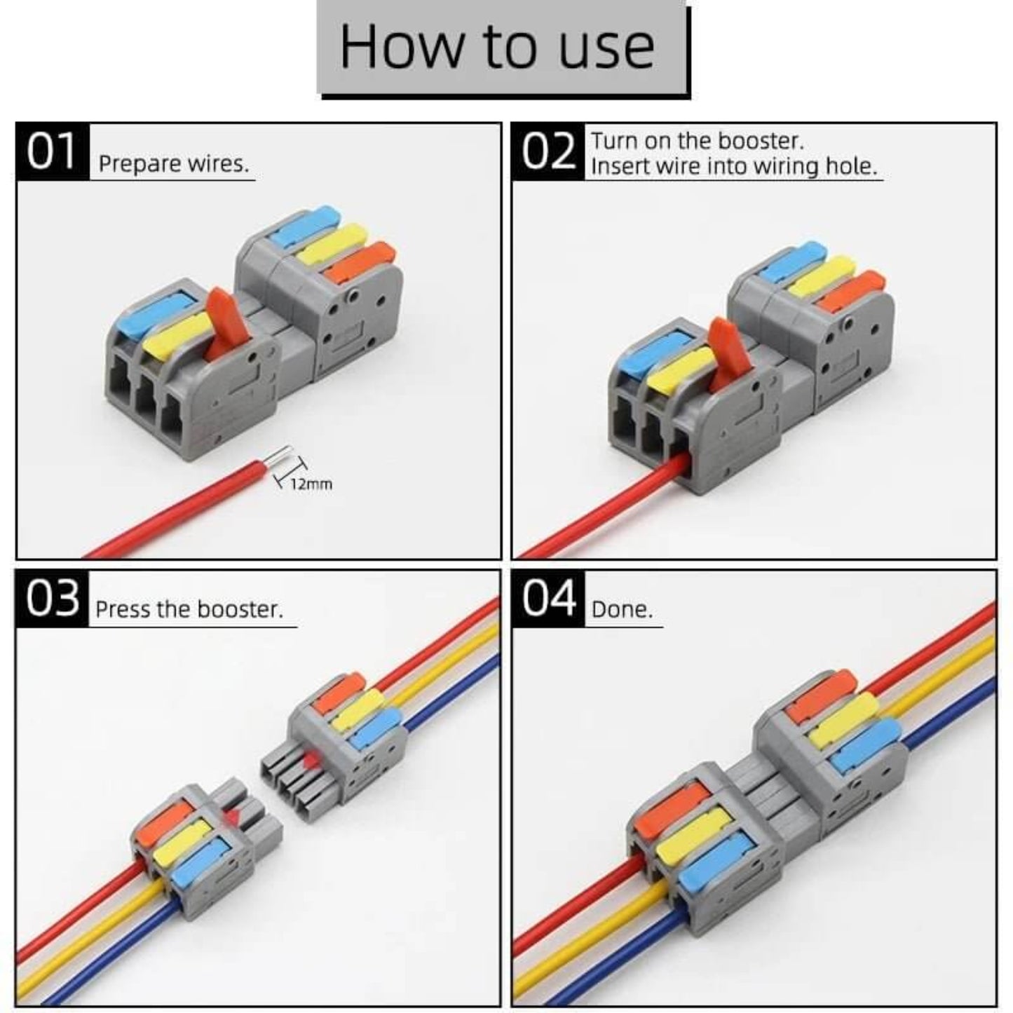 Steps to use quick wire connectors: preparing, inserting, pressing, and securing electrical wires.