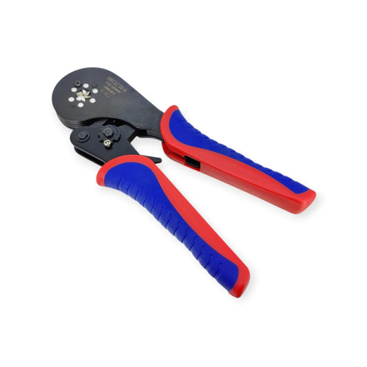 HSC12 16-6 hexagonal wire ferrule crimping tool with red and blue handles on a white background.
