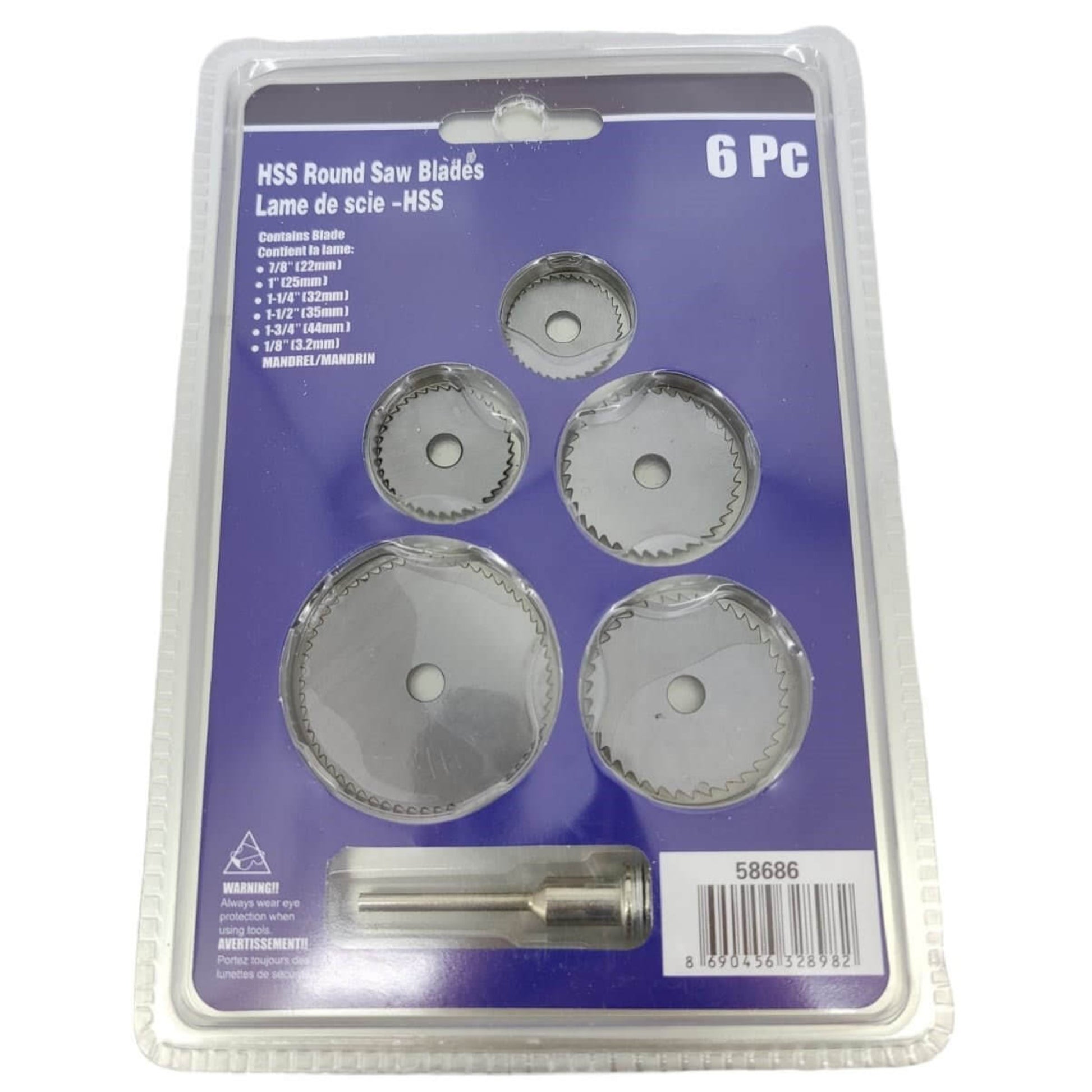 The packaging for a 6-piece HSS rotary tool saw blade set, with an example image of a blade cutting into a piece of wood.