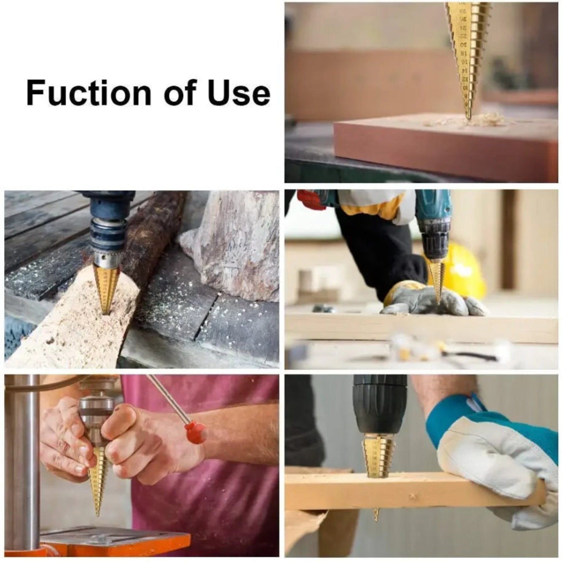 Collage of images showing the HSS step drill bits being used with a hand drill and a drill press on various pieces of wood.