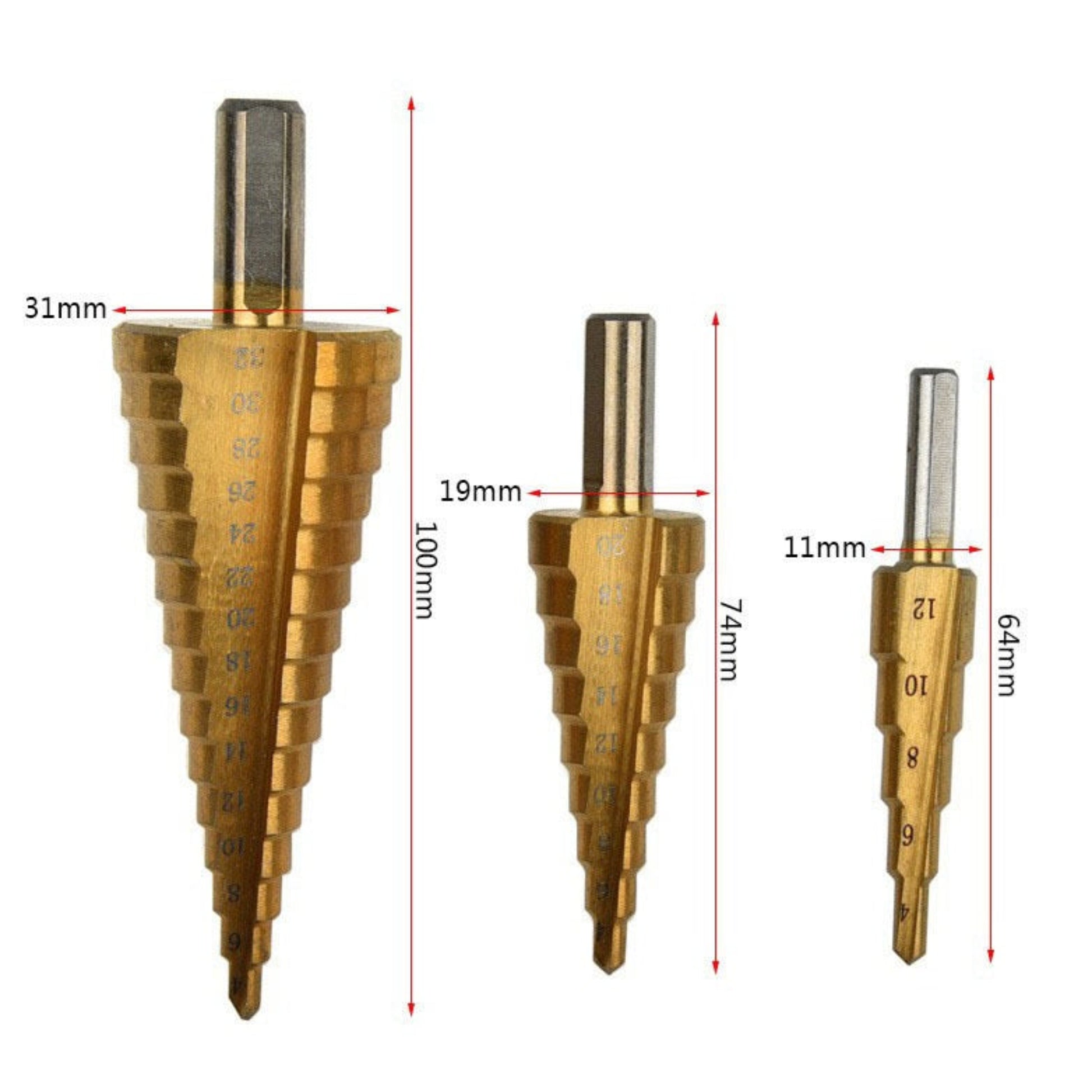 A diagram showing the dimensions and step sizes for the three HSS step drill bits: 4-12mm, 4-20mm, and 4-32mm.