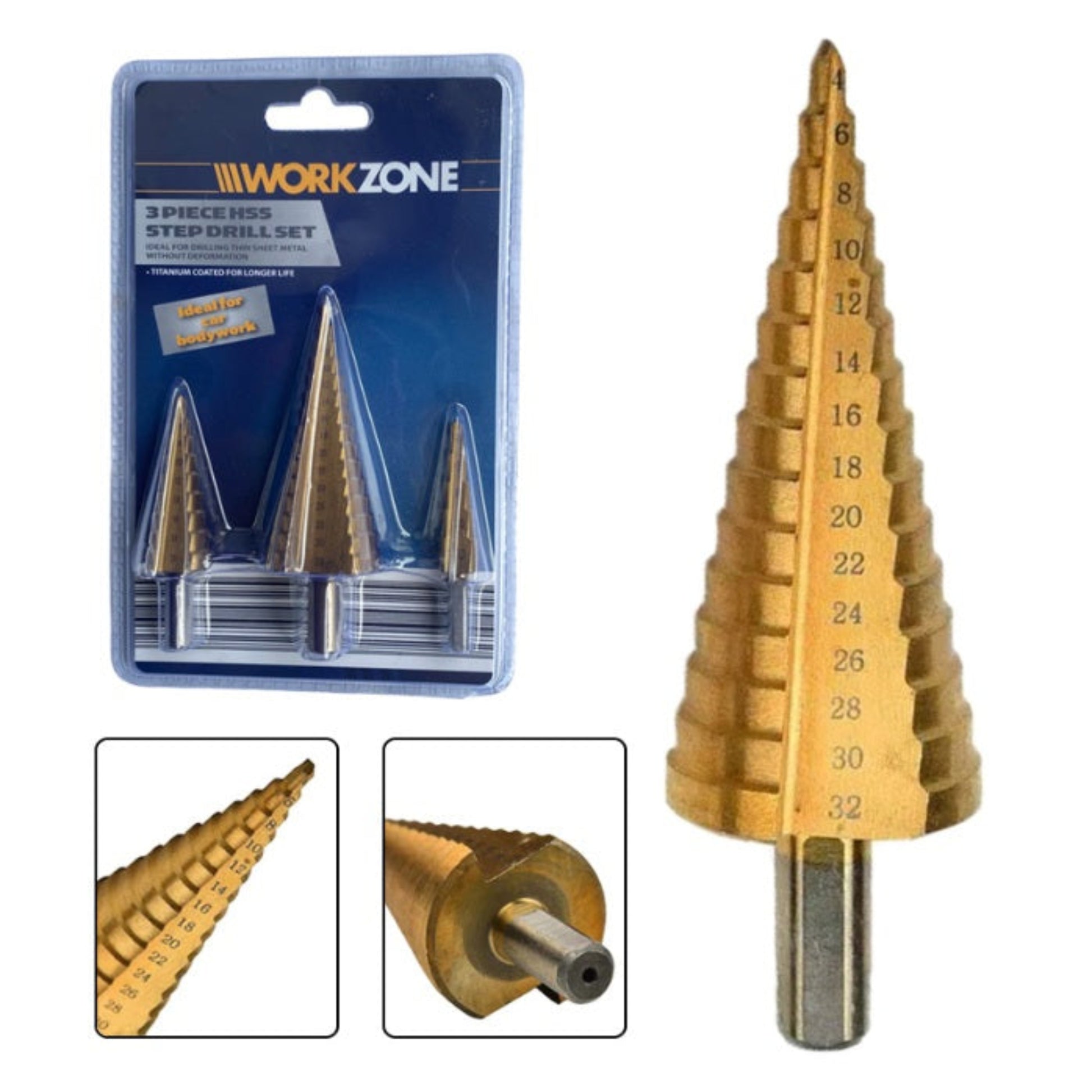 3-piece HSS titanium-coated step drill bit set in its packaging, with close-ups showing the drill bit steps and shank.