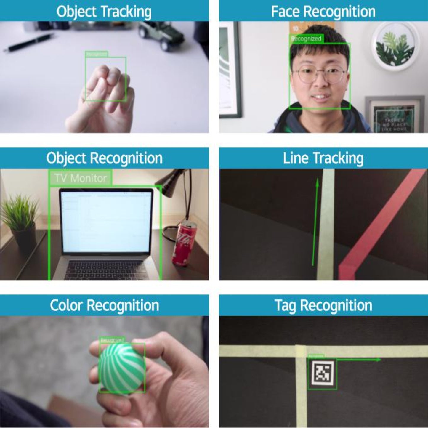 Collage showcasing Gravity HUSKYLENS AI camera features: object, face, color, tag recognition, and line tracking.