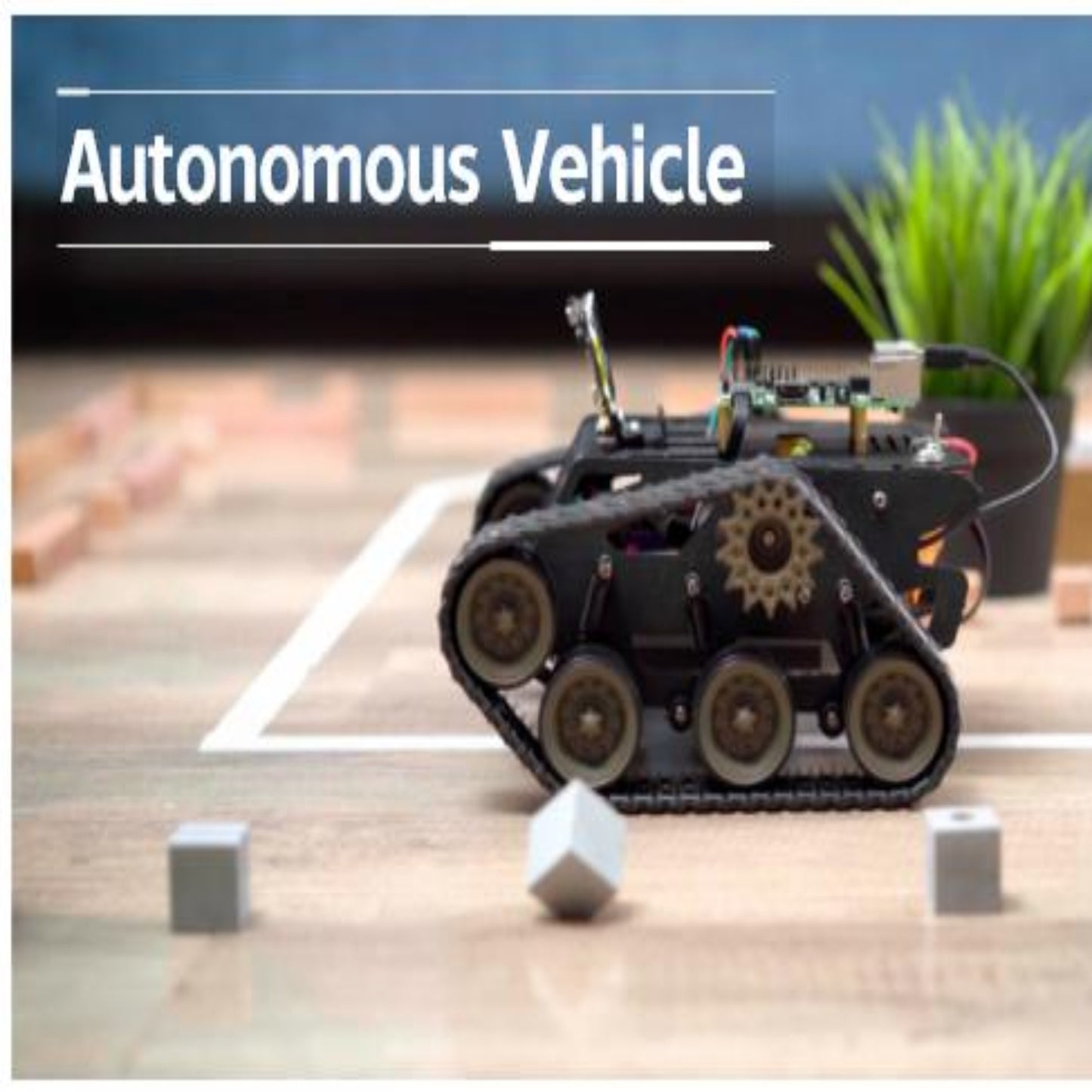 Autonomous vehicle on a tracking course with obstacles and greenery, showcasing machine vision technology.