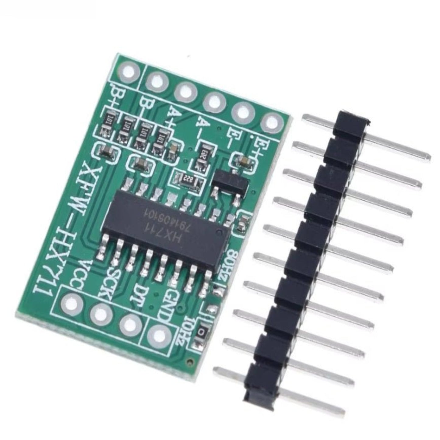 HX711 digital load cell module with 24-bit ADC for Arduino projects, includes pin header for easy connections.