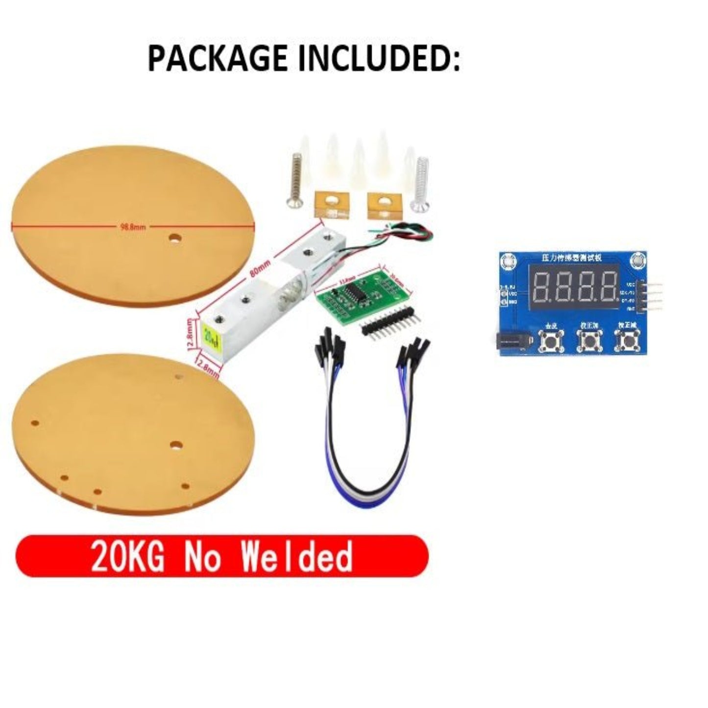 HX711 Digital Load Cell Kit components including sensor, LCD display for weighing applications, 20KG capacity.