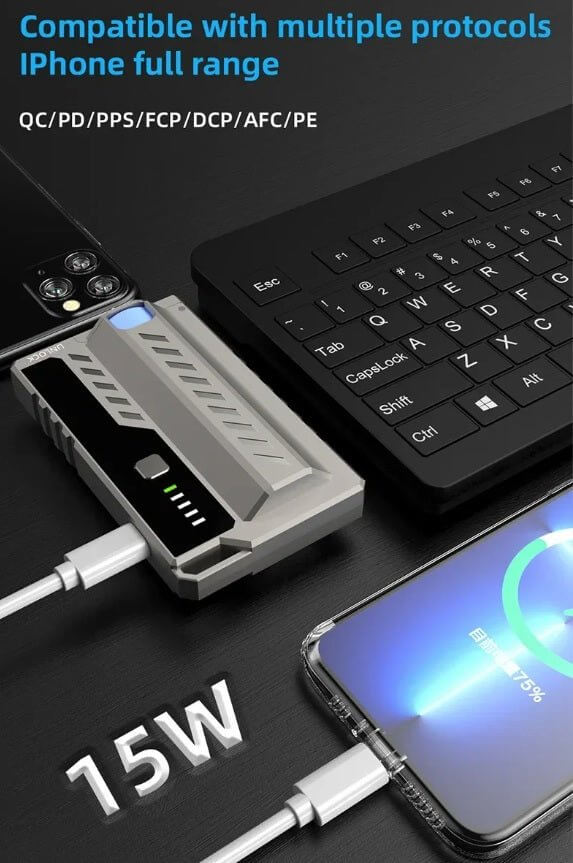 HY-08 Tactical Power Bank charging with USB-C, displaying 15W output and compatibility with multiple protocols.