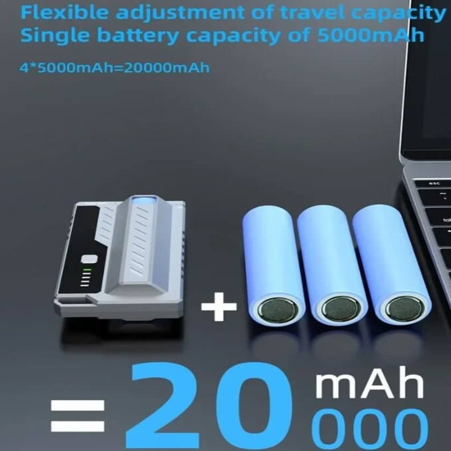 HY-08 Tactical Power Bank with multiple 5000mAh batteries showing flexible capacity adjustment and total 20000mAh.