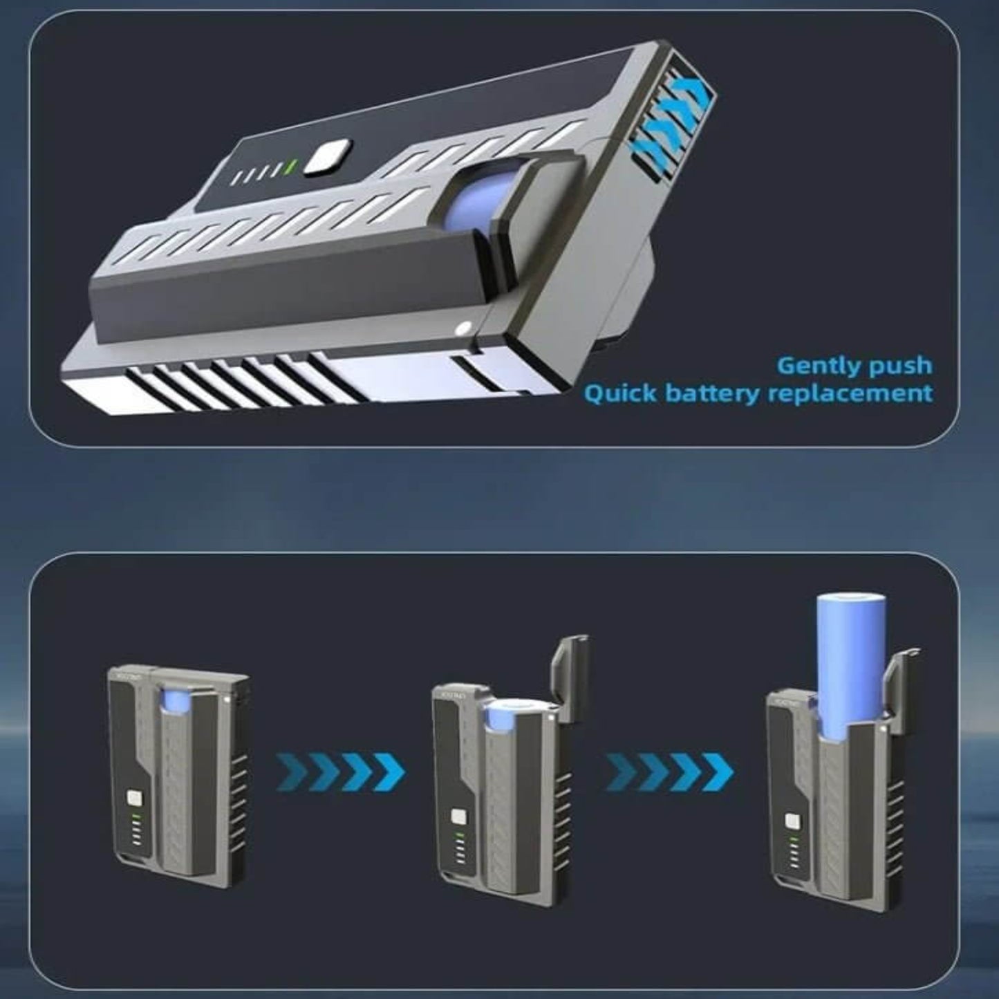 HY-08 Tactical Power Bank showcasing quick battery replacement system with 21700 battery and LED indicator.