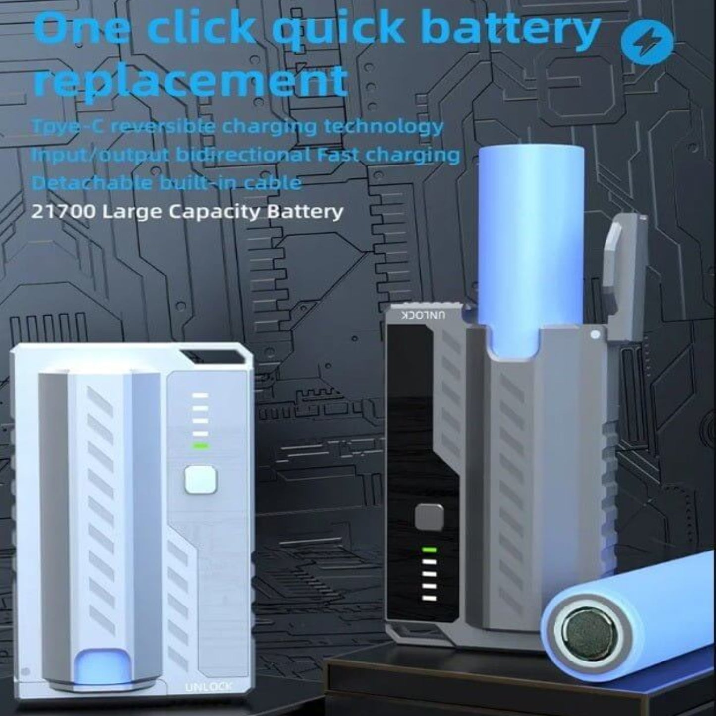 HY-08 Tactical Power Bank with replaceable 21700 battery and built-in cable for fast charging.