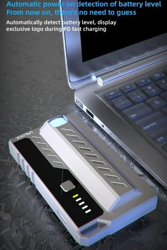HY-08 Tactical Power Bank with battery level indicator next to laptop, designed for PD fast charging.