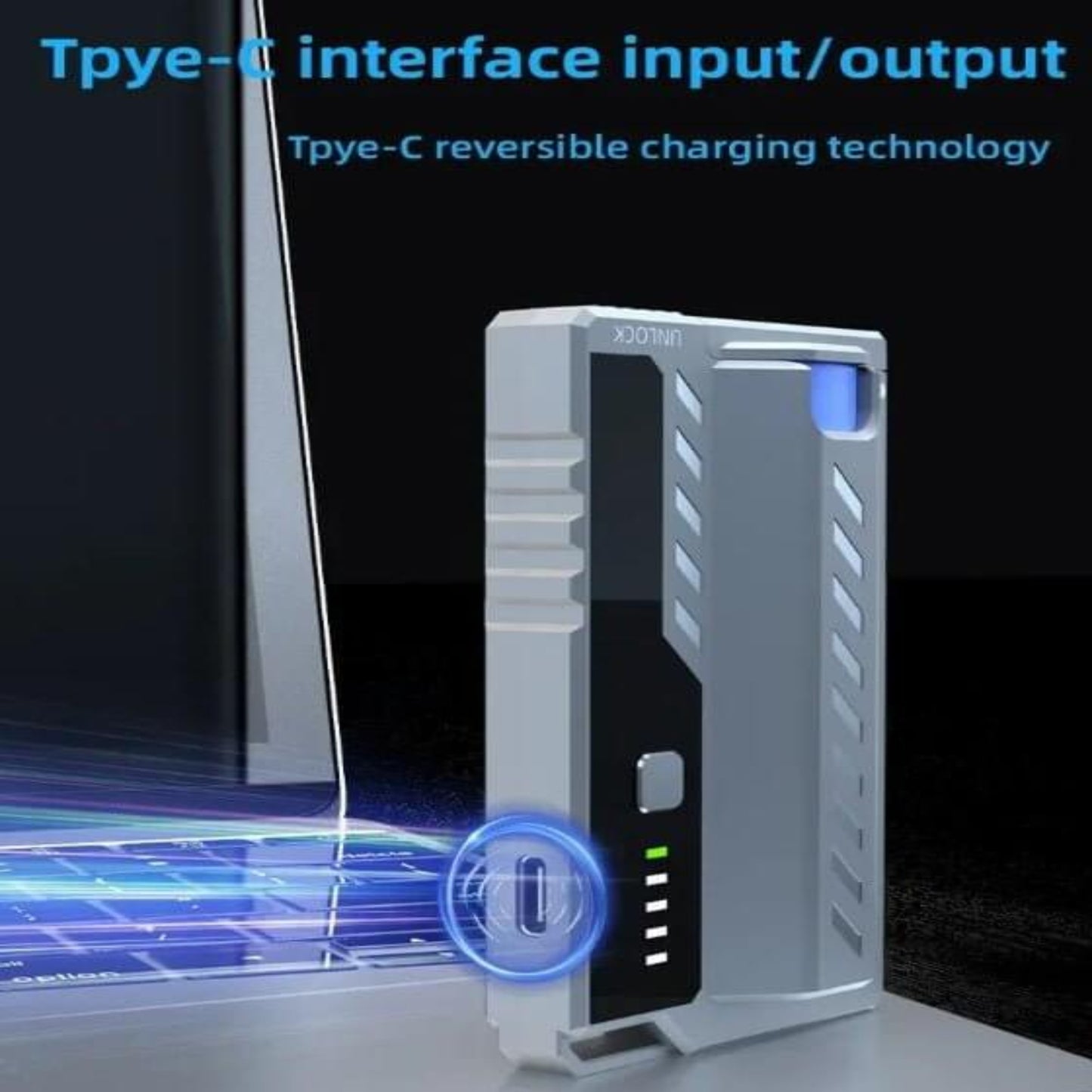 HY-08 Tactical Power Bank showcasing Type-C interface and reversible charging technology.