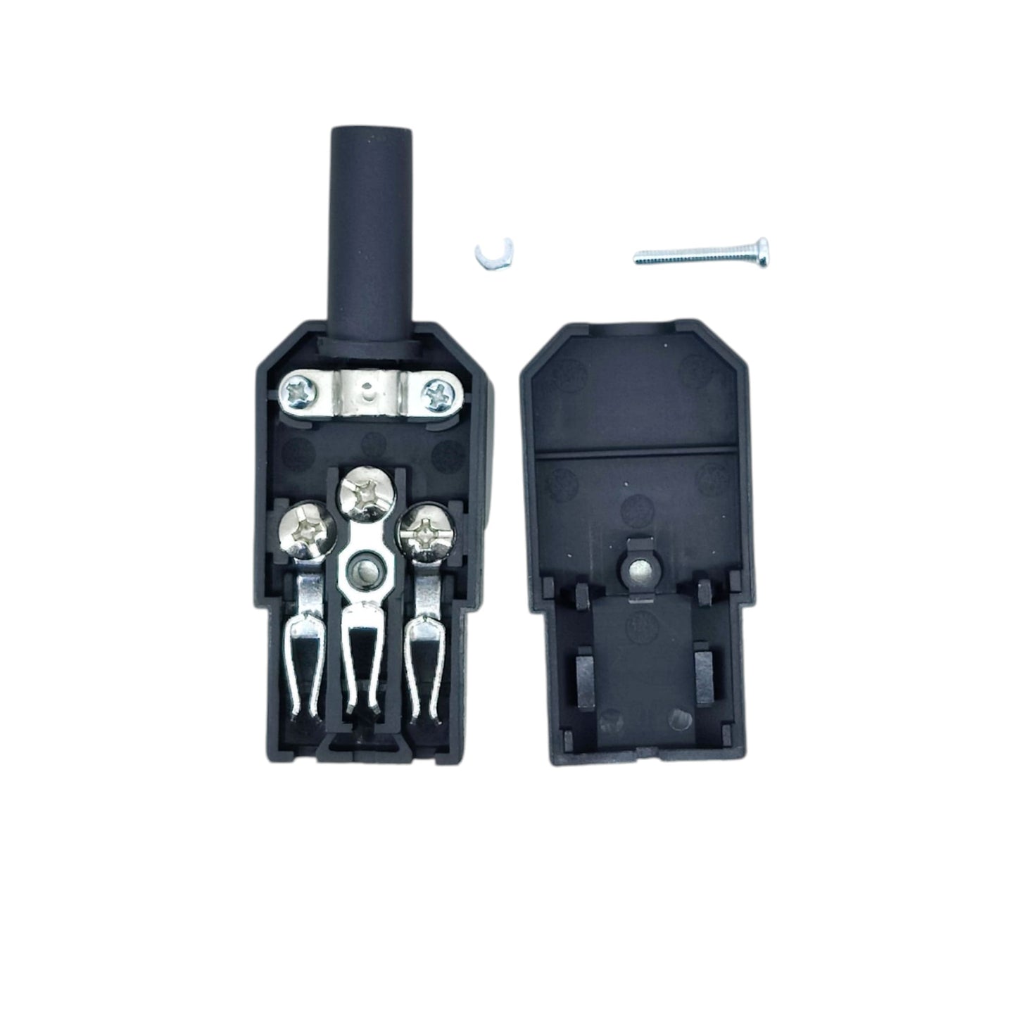 Inside look at IEC C13 female connector with easy-to-use screw terminals for DIY power cord assembly.