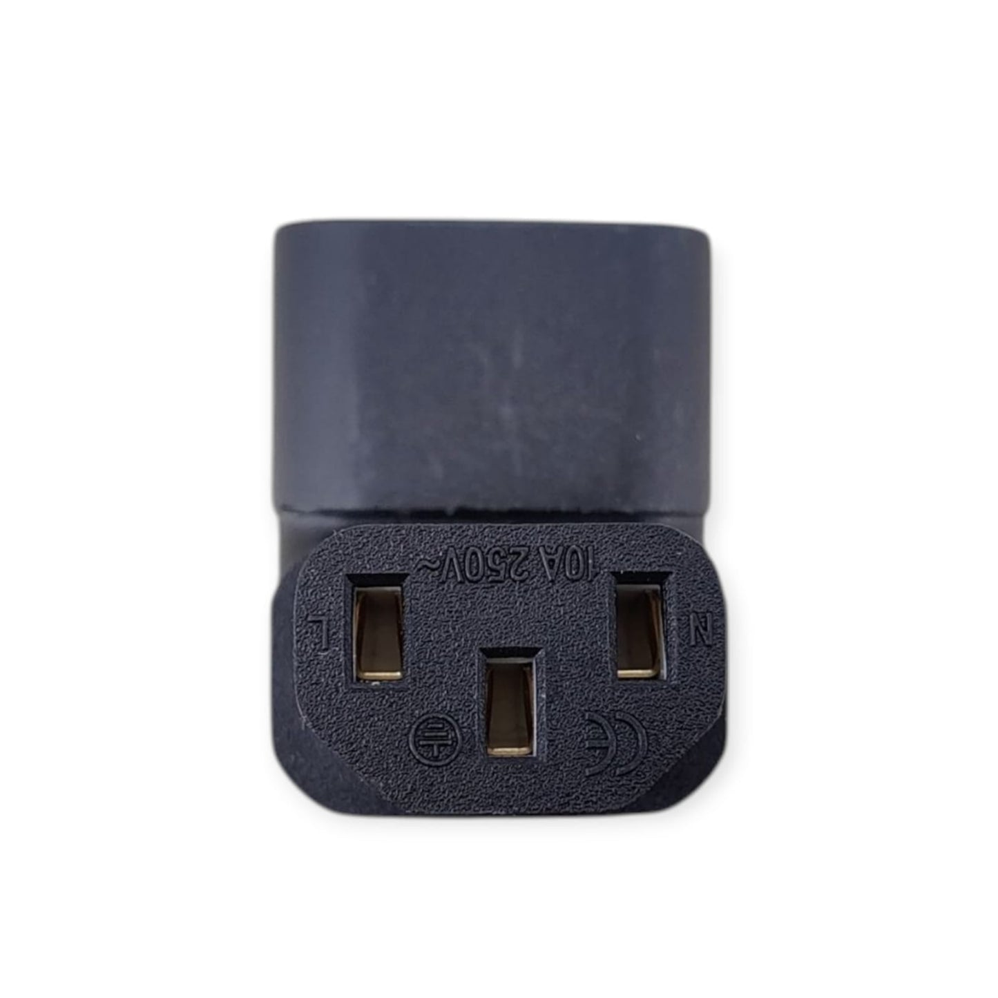 Close-up of the IEC C13 female receptacle on the 10A 250V 90 degree adapter