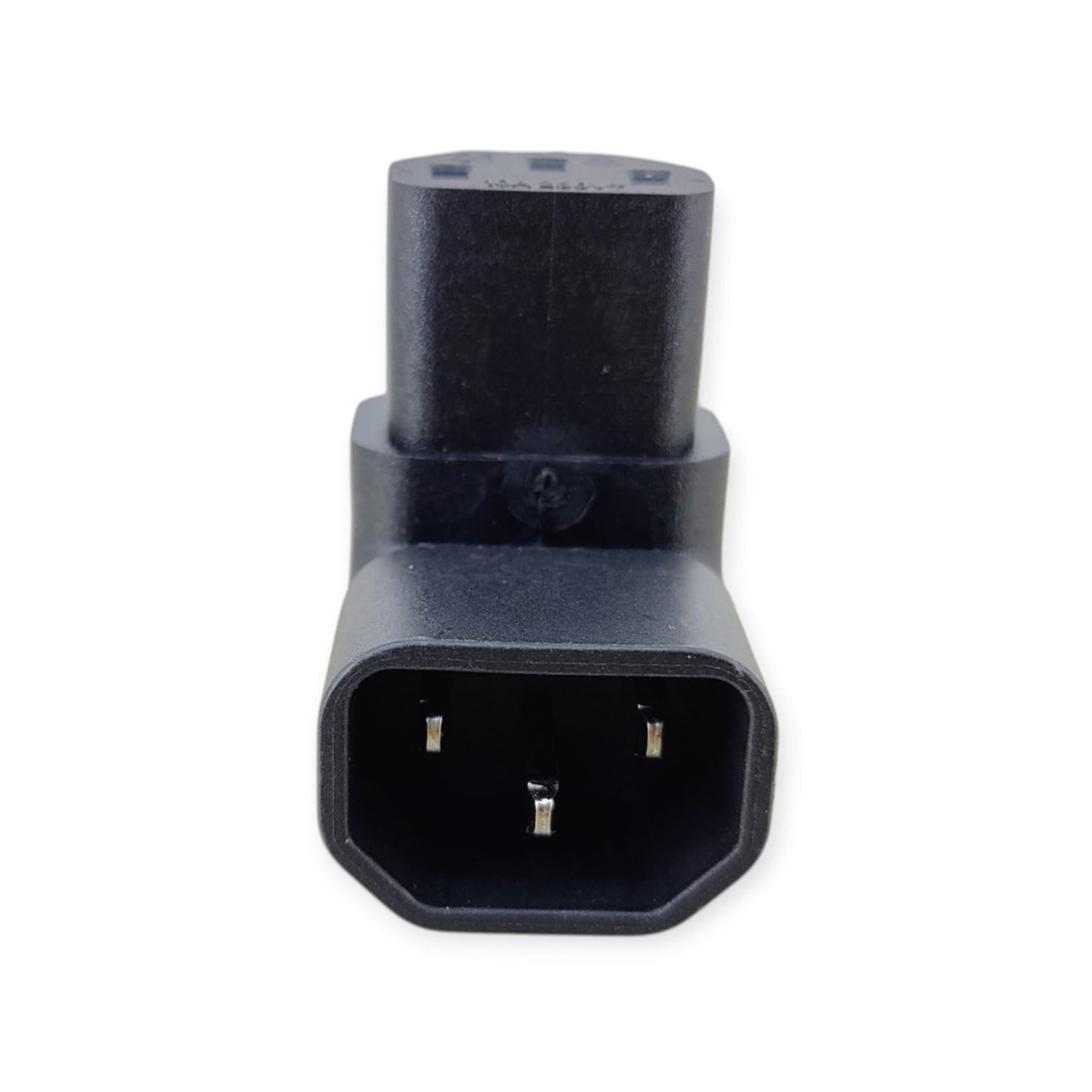 Close-up of the IEC C14 male plug on the 90 degree right angle adapter