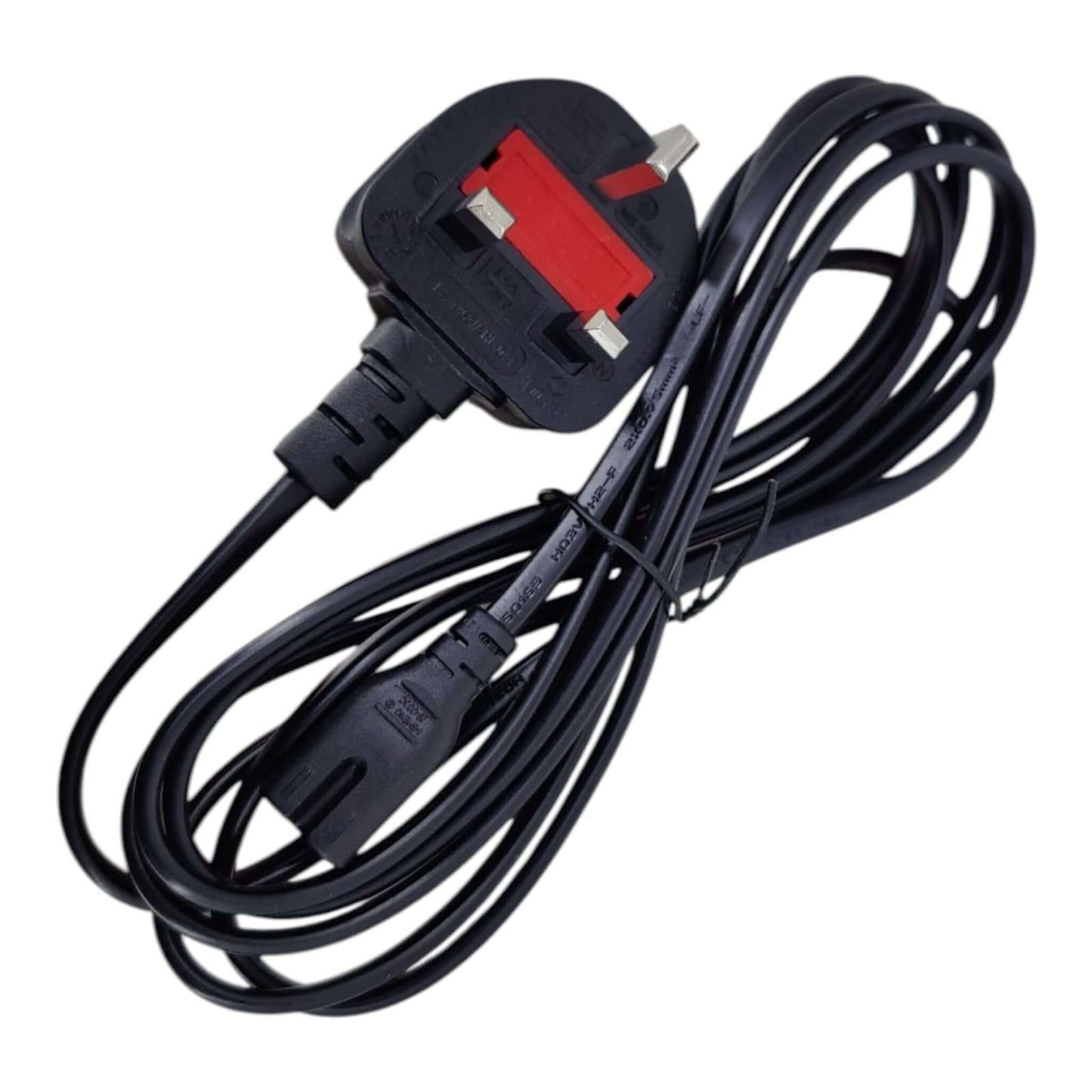 Black IEC C7 "figure 8" power cable with a prominent red fused 3-pin Hong Kong plug.