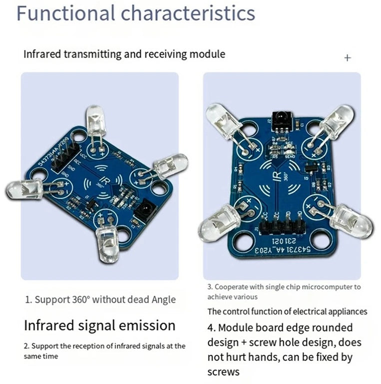 Blue PCB module featuring 4 infrared LEDs for 360-degree signal transmission and one central receiver sensor.