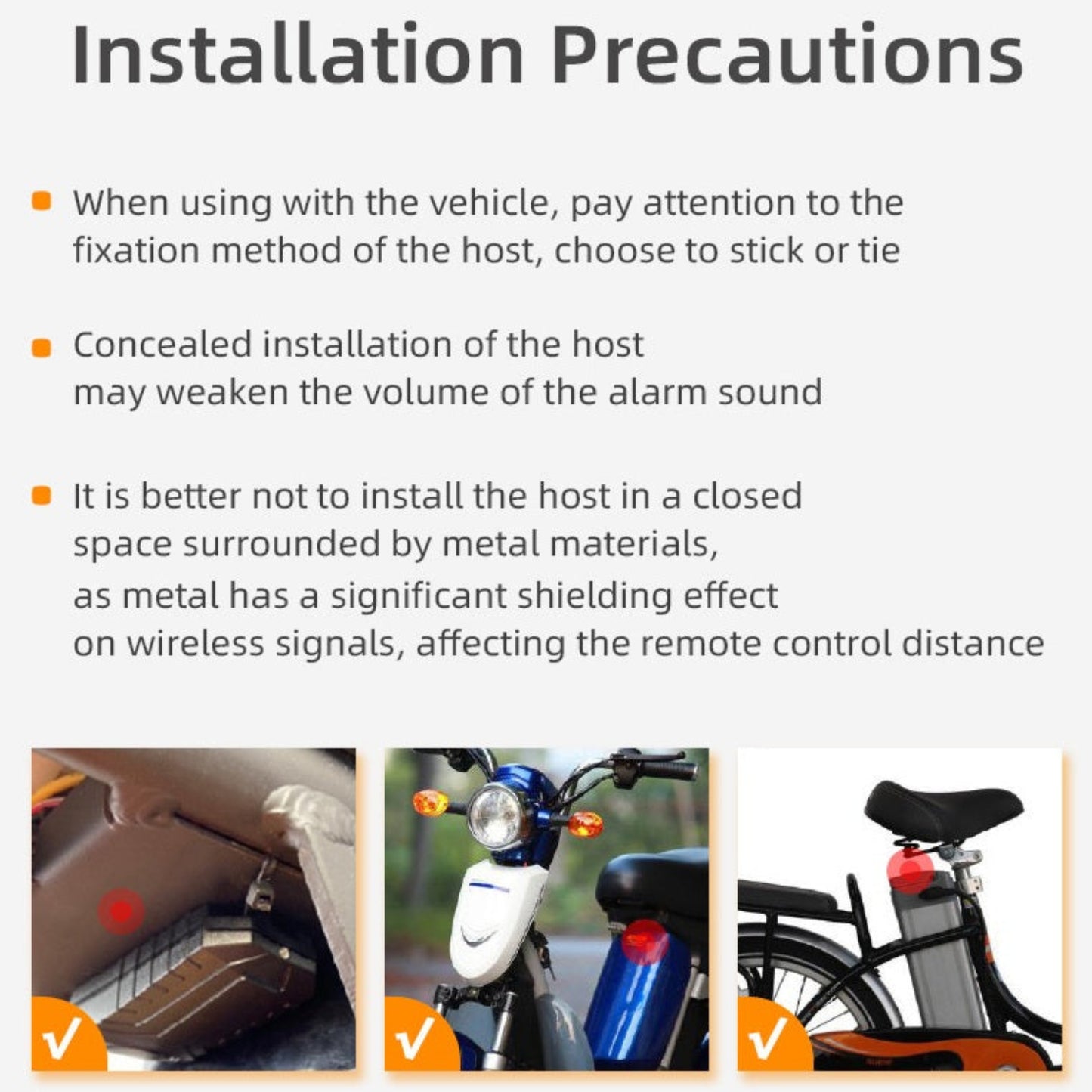 A guide showing proper installation precautions for the bike alarm on vehicles, including places to avoid.