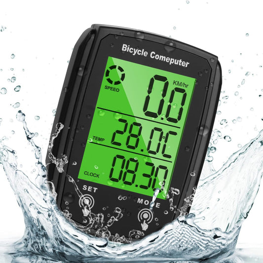 IP54 waterproof bike computer with LCD screen, displaying speed, temperature, and clock.