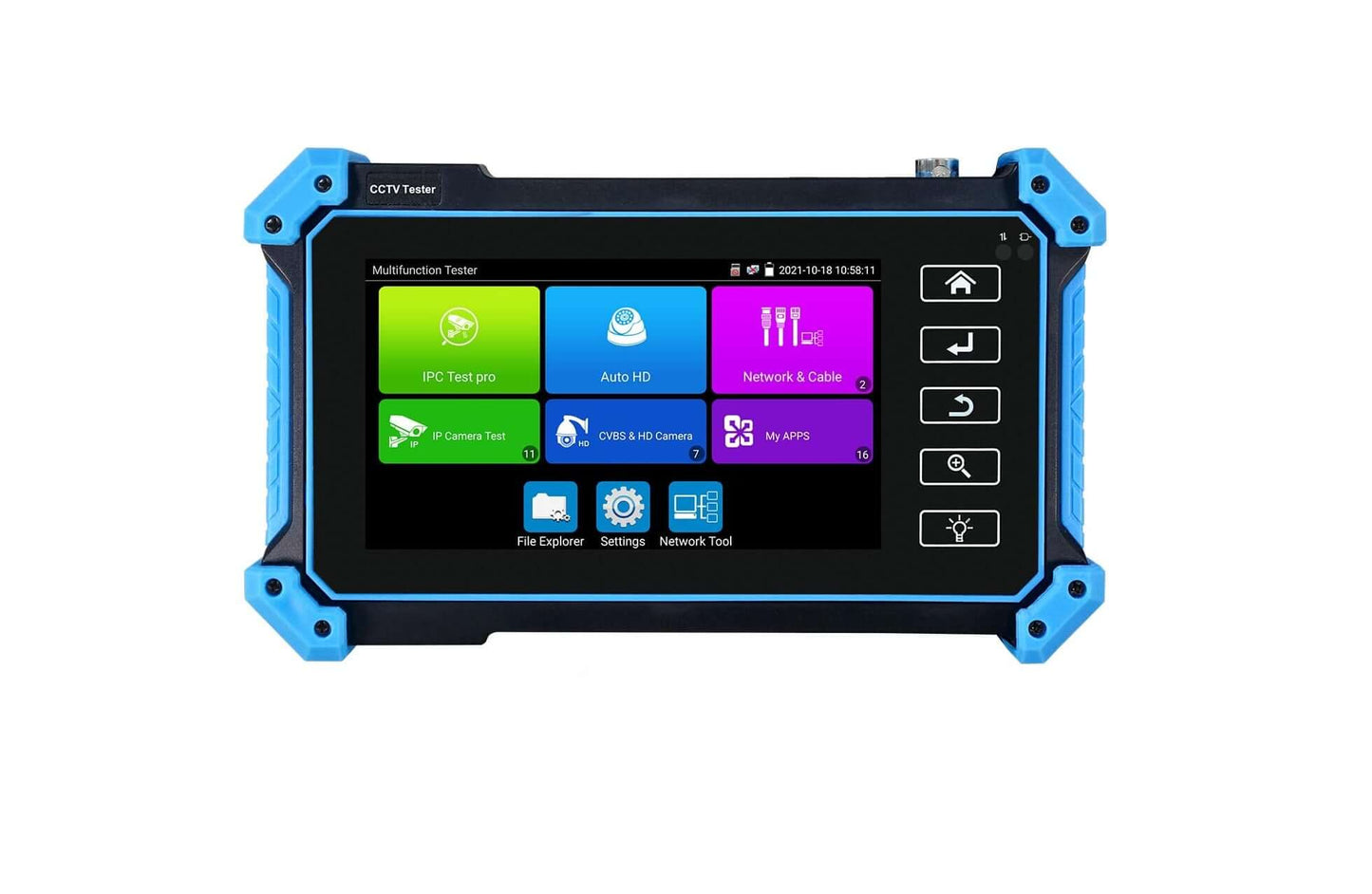 IPC-5100 Plus CCTV camera tester with touchscreen interface and network tools.