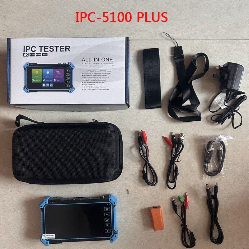 IPC-5100 Plus CCTV camera tester kit with accessories, box, and touchscreen display.