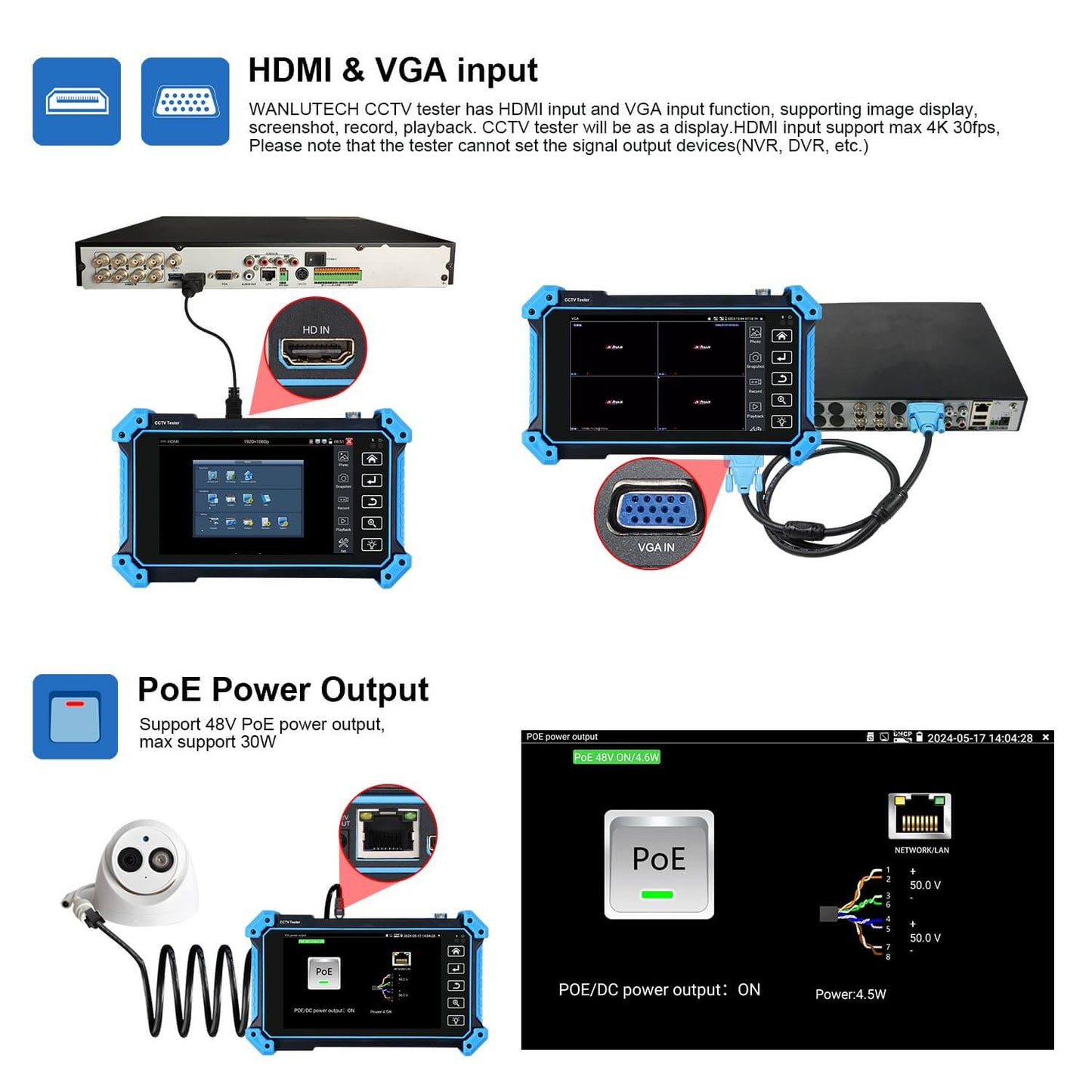 WANLUTECH CCTV tester with HDMI and VGA input, PoE power output, showcasing essential features for surveillance technicians.
