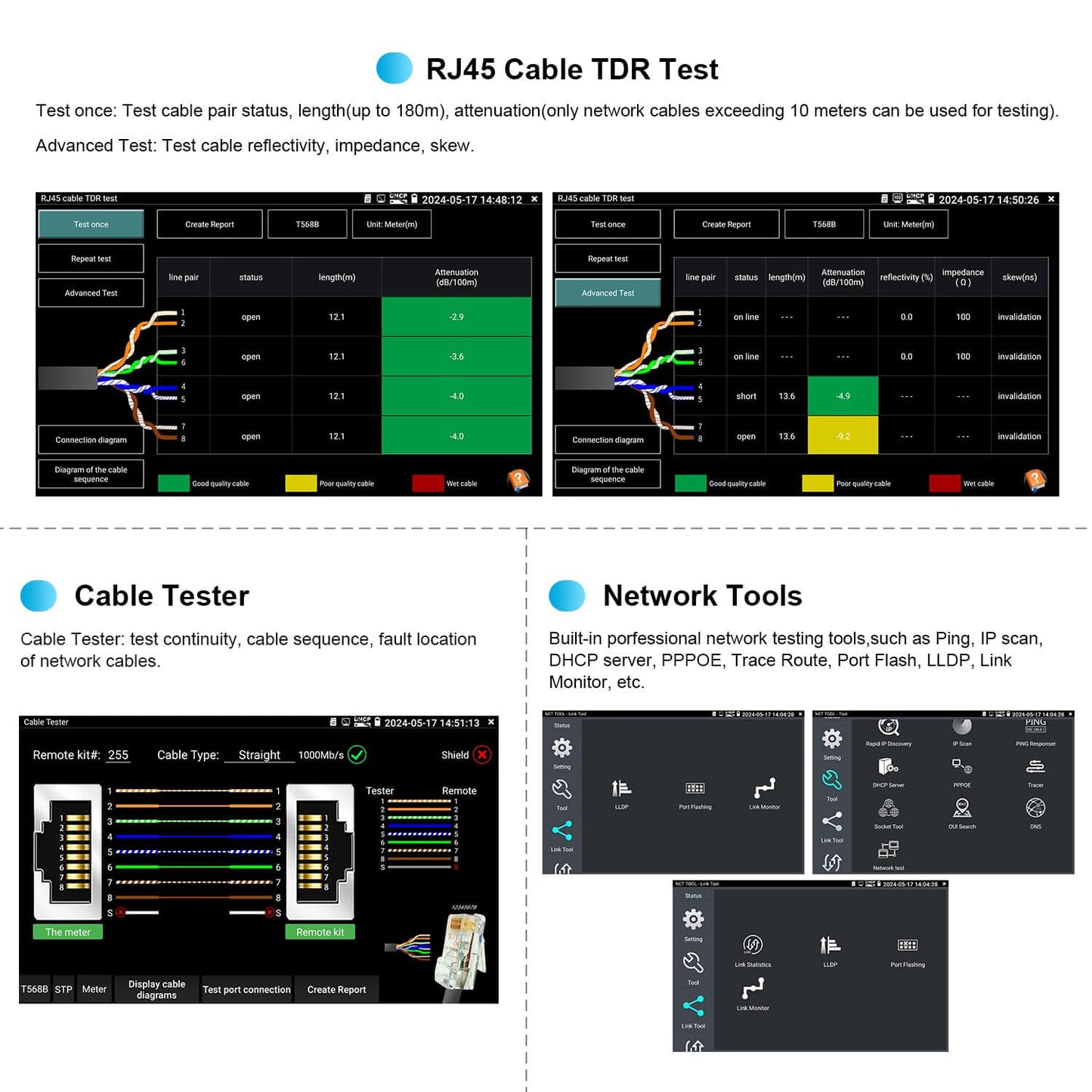 RJ45 Cable Tester and Network Tools with TDR Test features for efficient cable diagnostics and continuity.