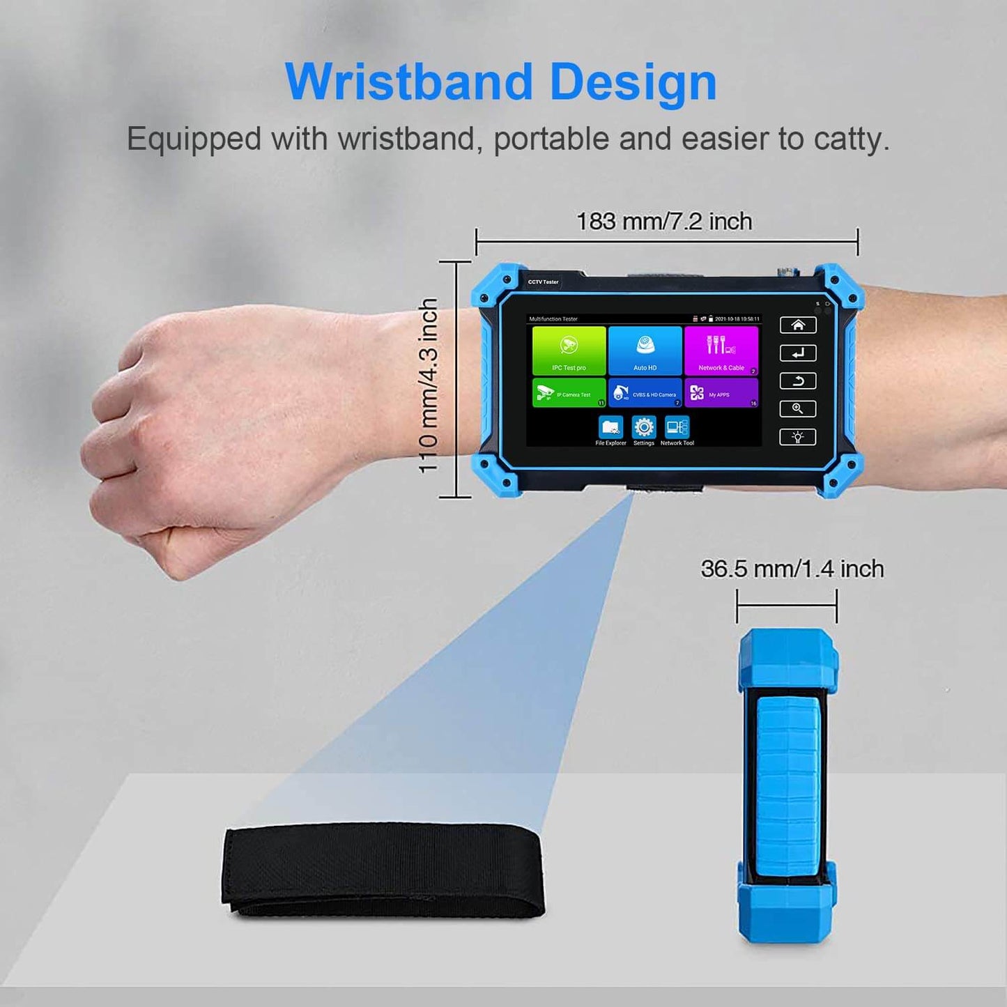 IPC-5100 Plus 4K CCTV camera tester with wristband design for portability, showcasing 5.4-inch display and features.