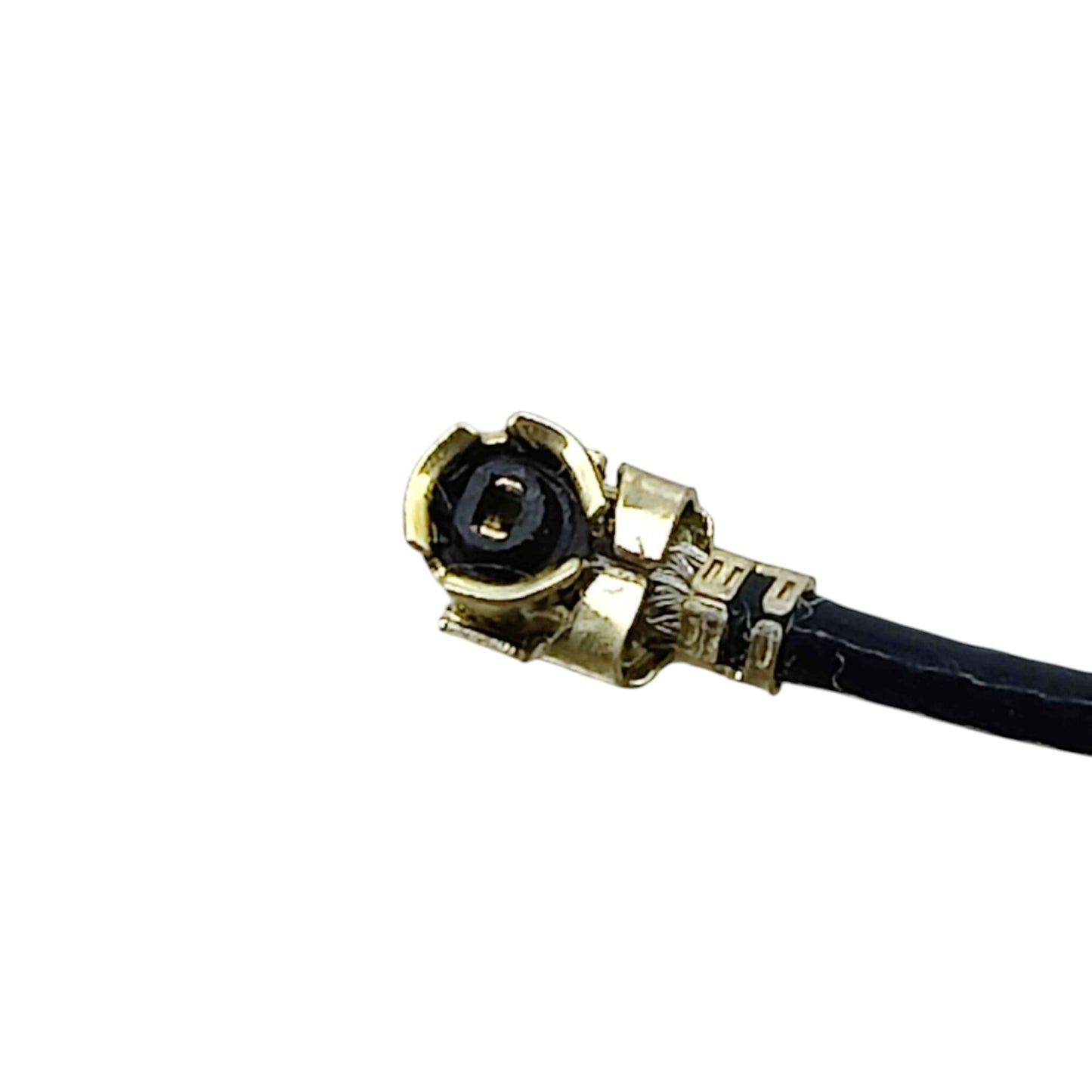 Close up of the gold-plated IPEX U.FL connector on the RG1.13 cable.