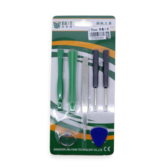 A 7-in-1 iPhone repair tool kit in its packaging, showing two screwdrivers, two green pry tools, tweezers, a suction cup, and a blue pick.