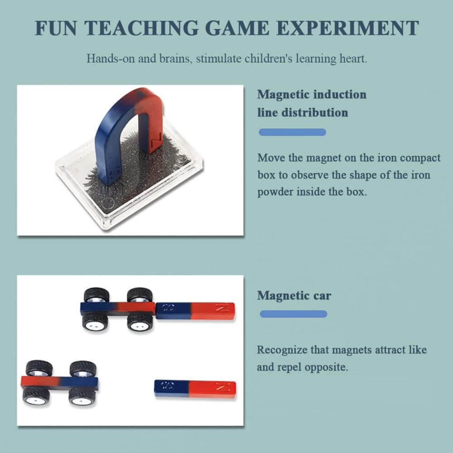 U-shape magnet mapping magnetic field lines using an enclosed iron powder box