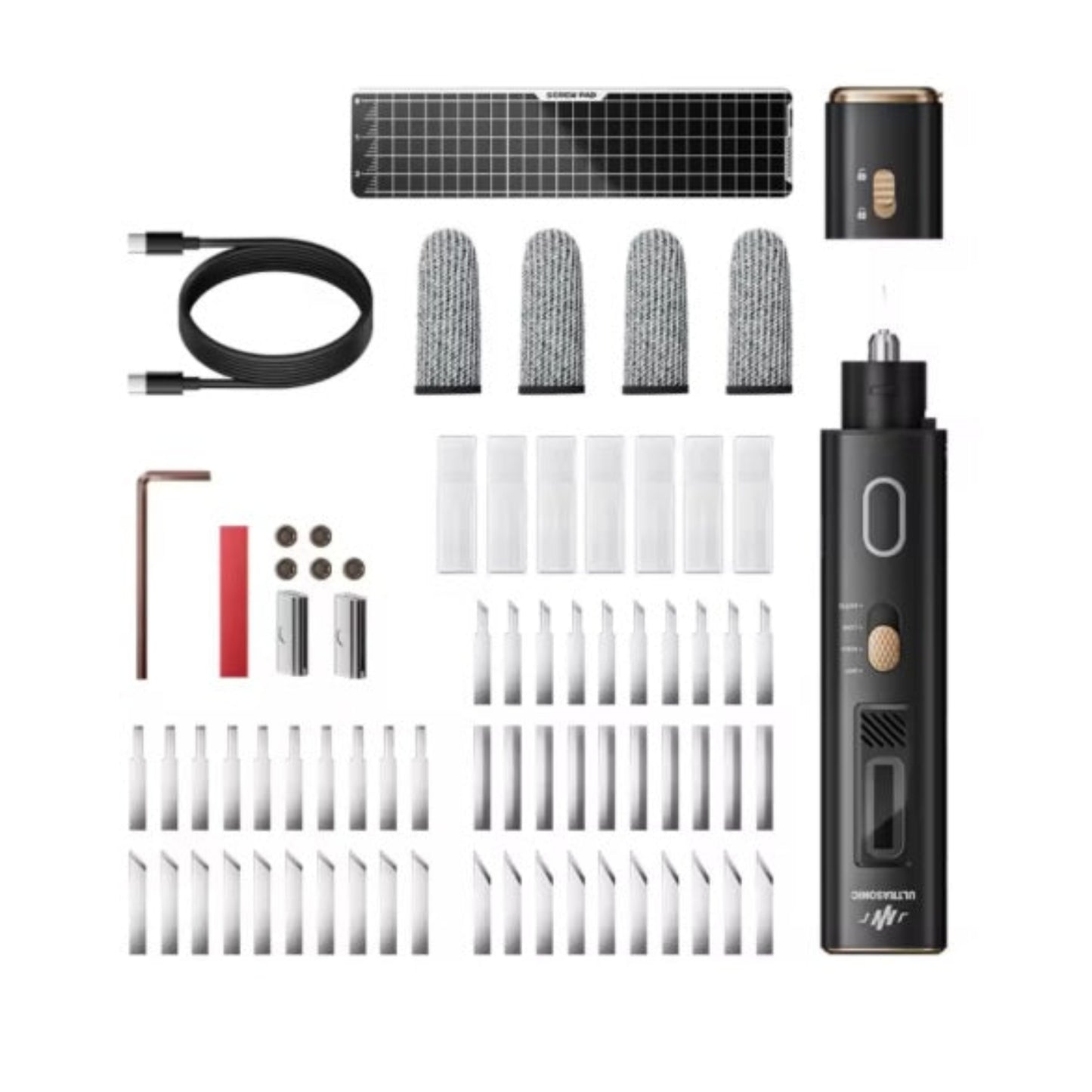 The complete Jakemy UC01 kit, including the tool, replaceable blades, finger protectors, and USB-C cable.
