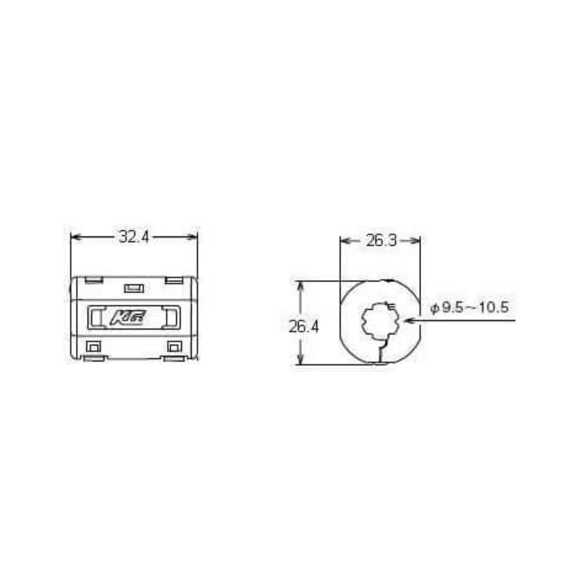Technical drawing of the Japan KG RFC-10 split toroidal ferrite core dimensions and specifications.