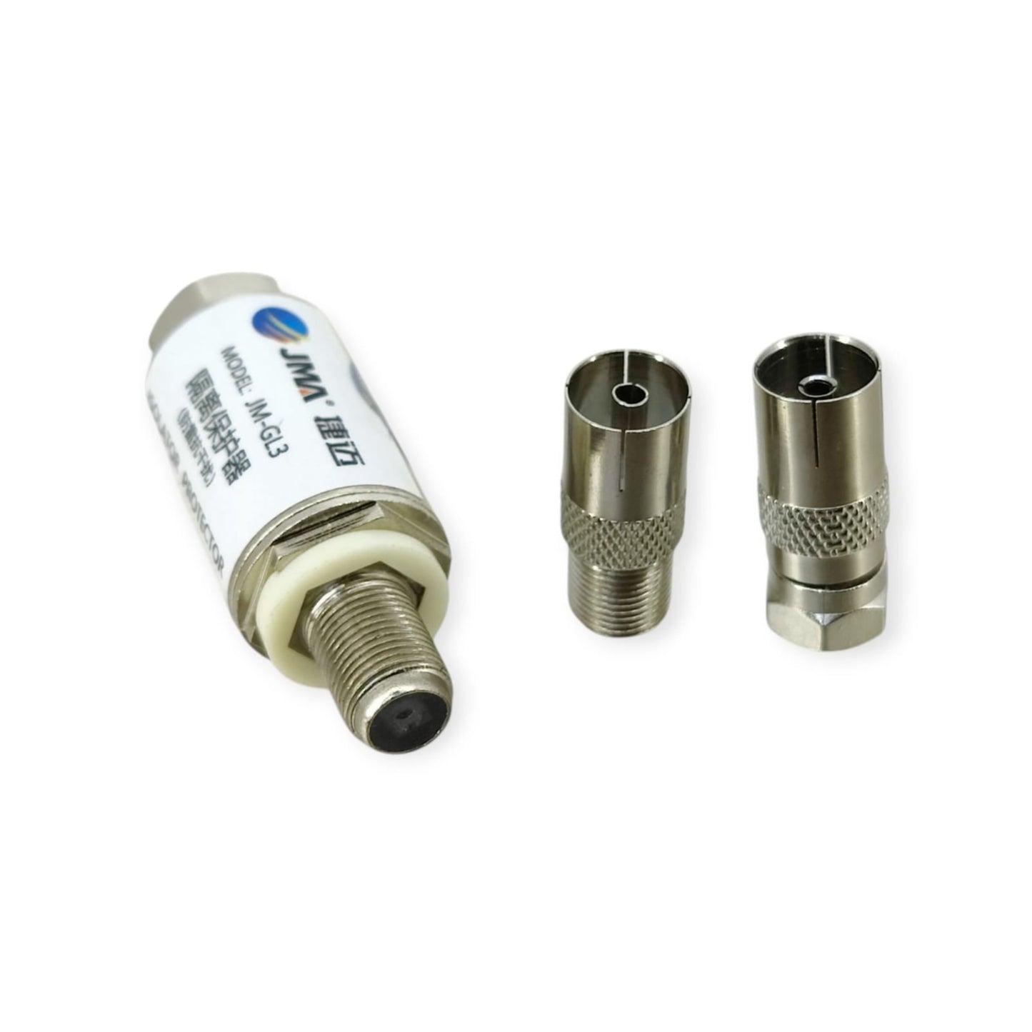 Close-up macro shot of the F-type male connector pin on the JMA JM-GL3 Isolator Protector.