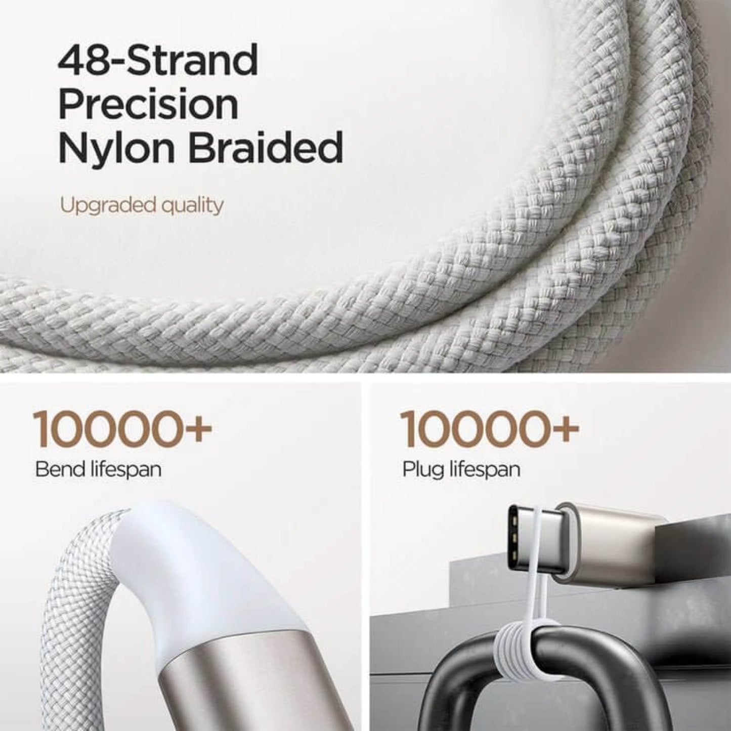 Close-up of 48-strand nylon braided charging cable showcasing durability features and plug lifespan.