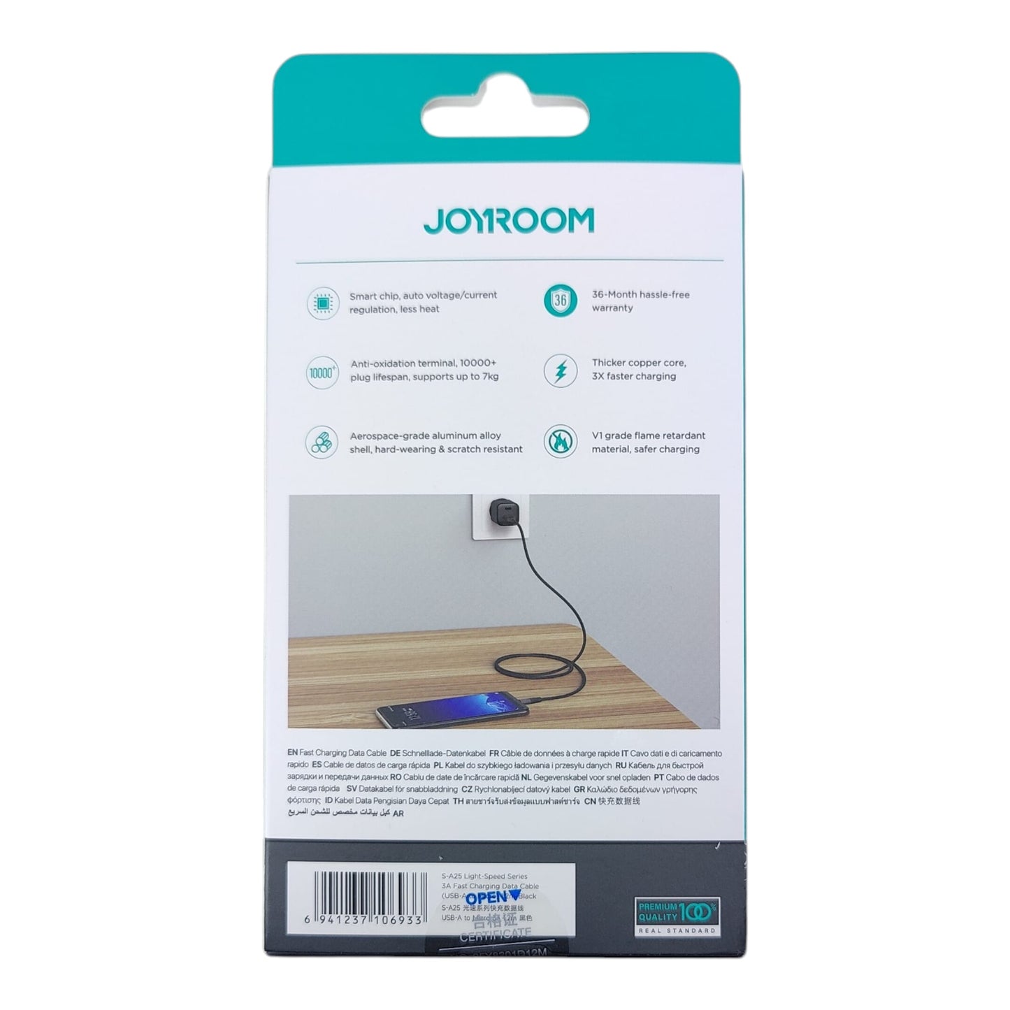 Back of Joyroom S-A25 box detailing 10000+ bend lifespan, smart chip, and aluminum alloy shell features.