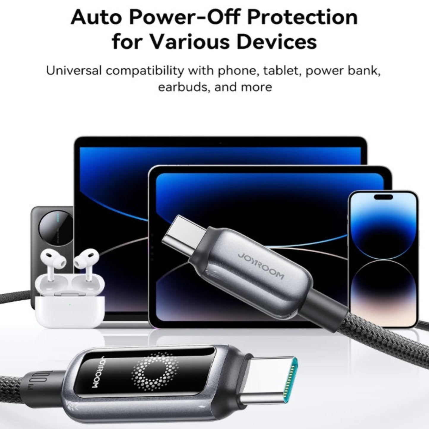 JOYROOM charging cable with auto power-off protection shown with compatible devices like iPhone, iPad Pro, and AirPods.