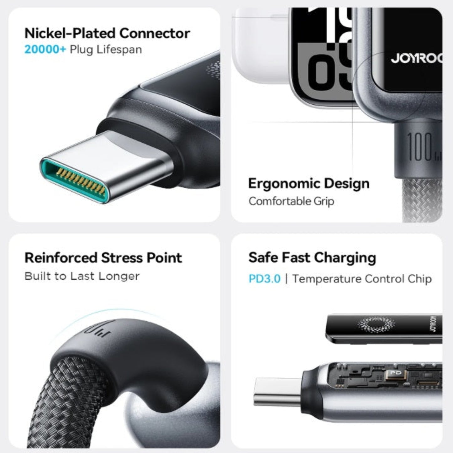Feature callouts of the JOYROOM cable including its nickel-plated connector, reinforced stress point, ergonomic design, and PD3.0 safety chip.