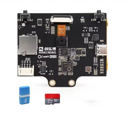 CanMv K210 AI vision sensor module board with ports, camera, and microSD cards for DIY projects.
