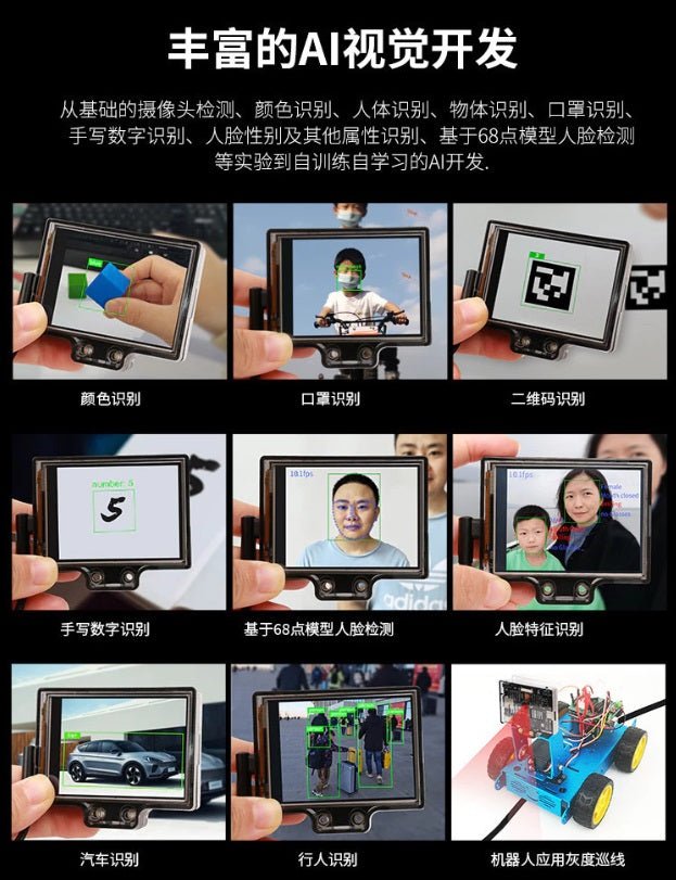 CanMv K210 AI vision sensor module showcasing various AI recognition features like face, color, and object detection.