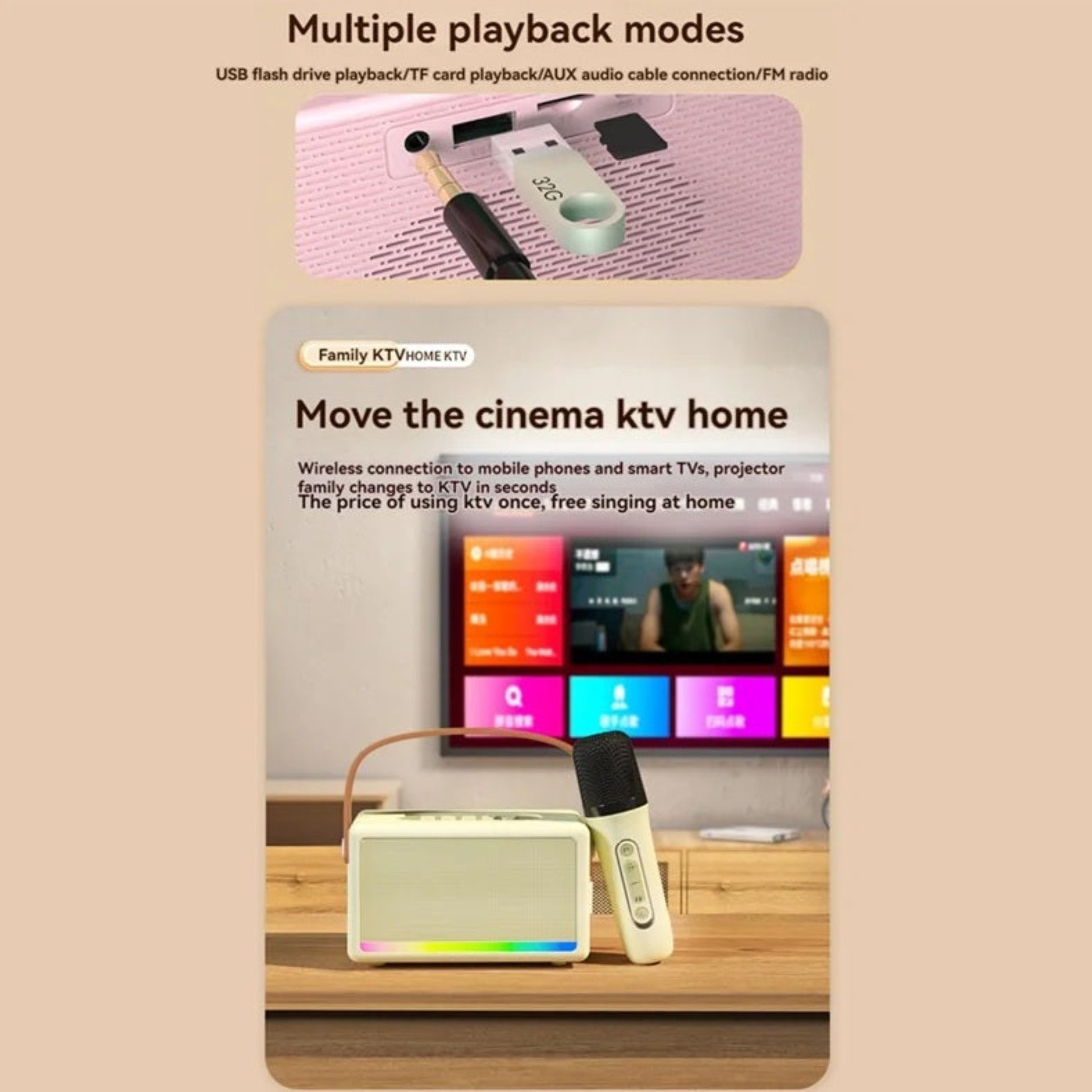 Close-up of the karaoke speaker's multiple playback modes including Bluetooth, USB, TF card, and AUX cable connection.