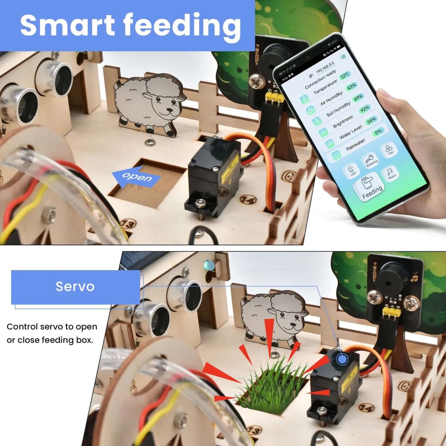 Smart Farm Kit with servo for automated smart feeding and remote operation via app.